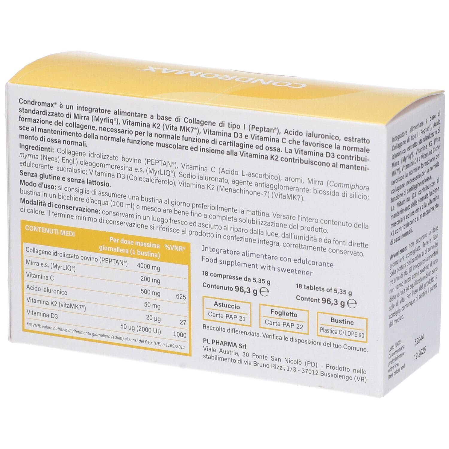 CONDROMAX 18 bustine - Integratore alimentare a base di collagene di tipo I (Peptan), acido ialuronico, estratto standardizzato di mirra (Myrliq), vitamina K2