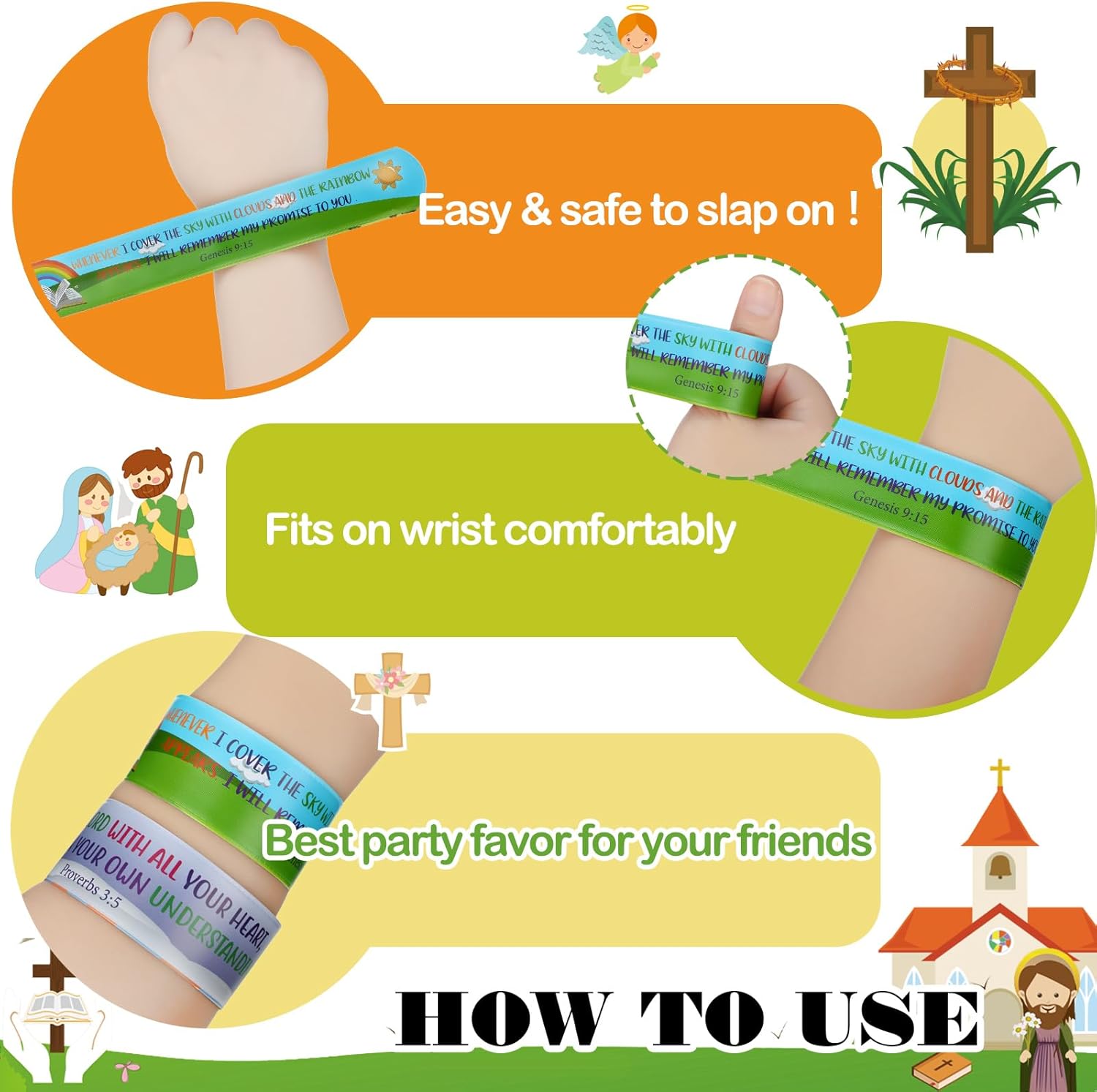 Sasylvia 320 Pcs Christian Slap Bracelets Bulk for Kids Party Favor, Religious Easter Egg Fillers, Bible Verse Toy Gifts, 120 Snap Bracelets, 200 Stickers for Classroom Exchange Sunday School Supplies - Image 6