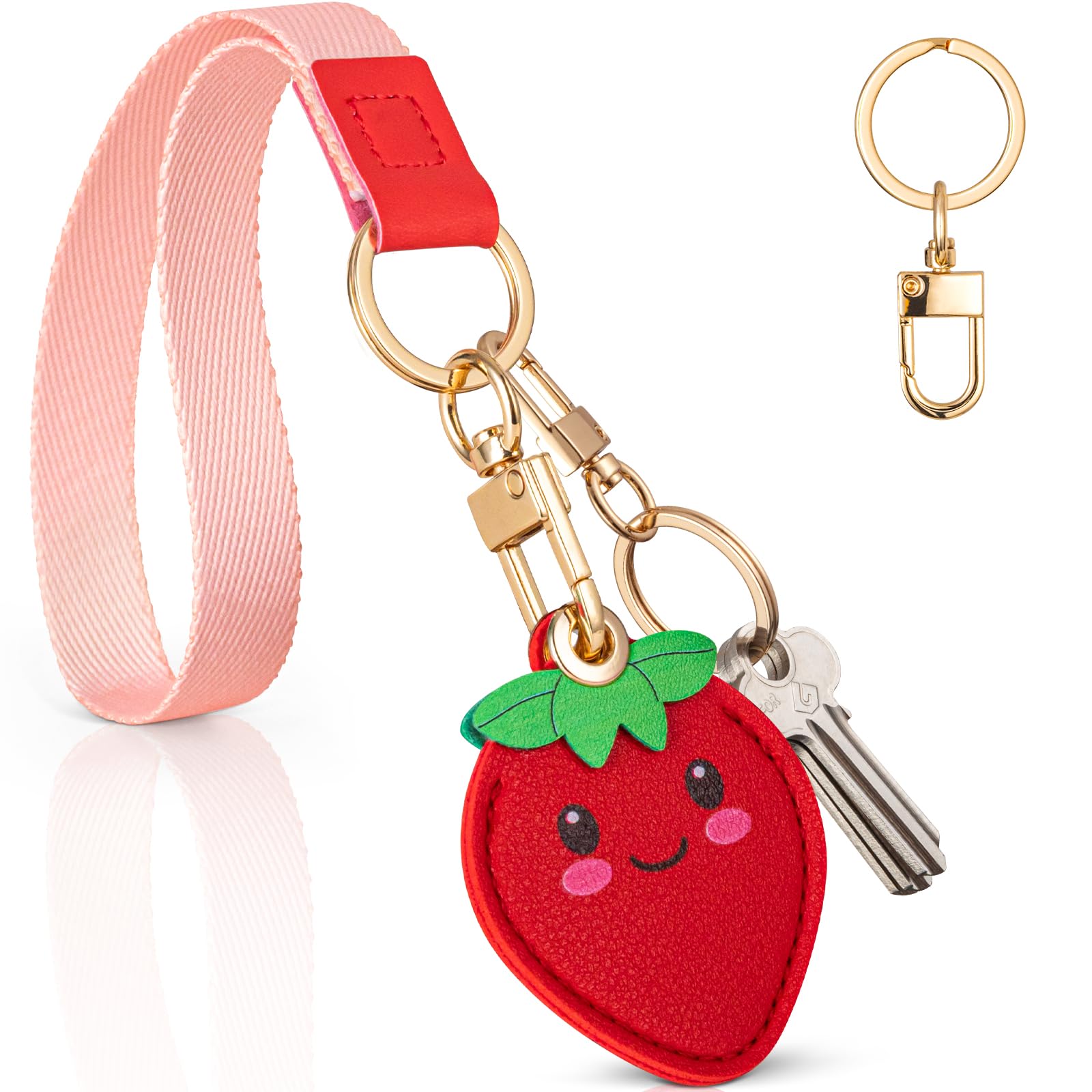 Airtag Keychain Holder - Cute Kawaii Faux Leather Case 3-in-1 with Hidden Keychain Cover, Detachable Wrist Strap & Anti-Loss Hand Band, Anti-Scratch