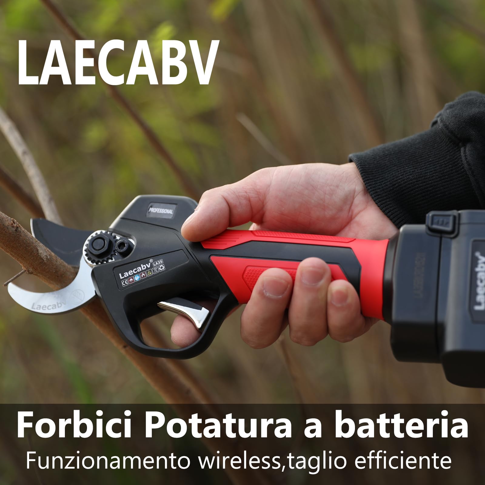 Laecabv 35 mm nożyce do przycinania bateryjnego, profesjonalne nożyce elektryczne, 2 baterie 4 Ah, ochrona przed przecięciem, progresywne cięcie, nożyce do oliwek winorośli, kompatybilne z LA-E05