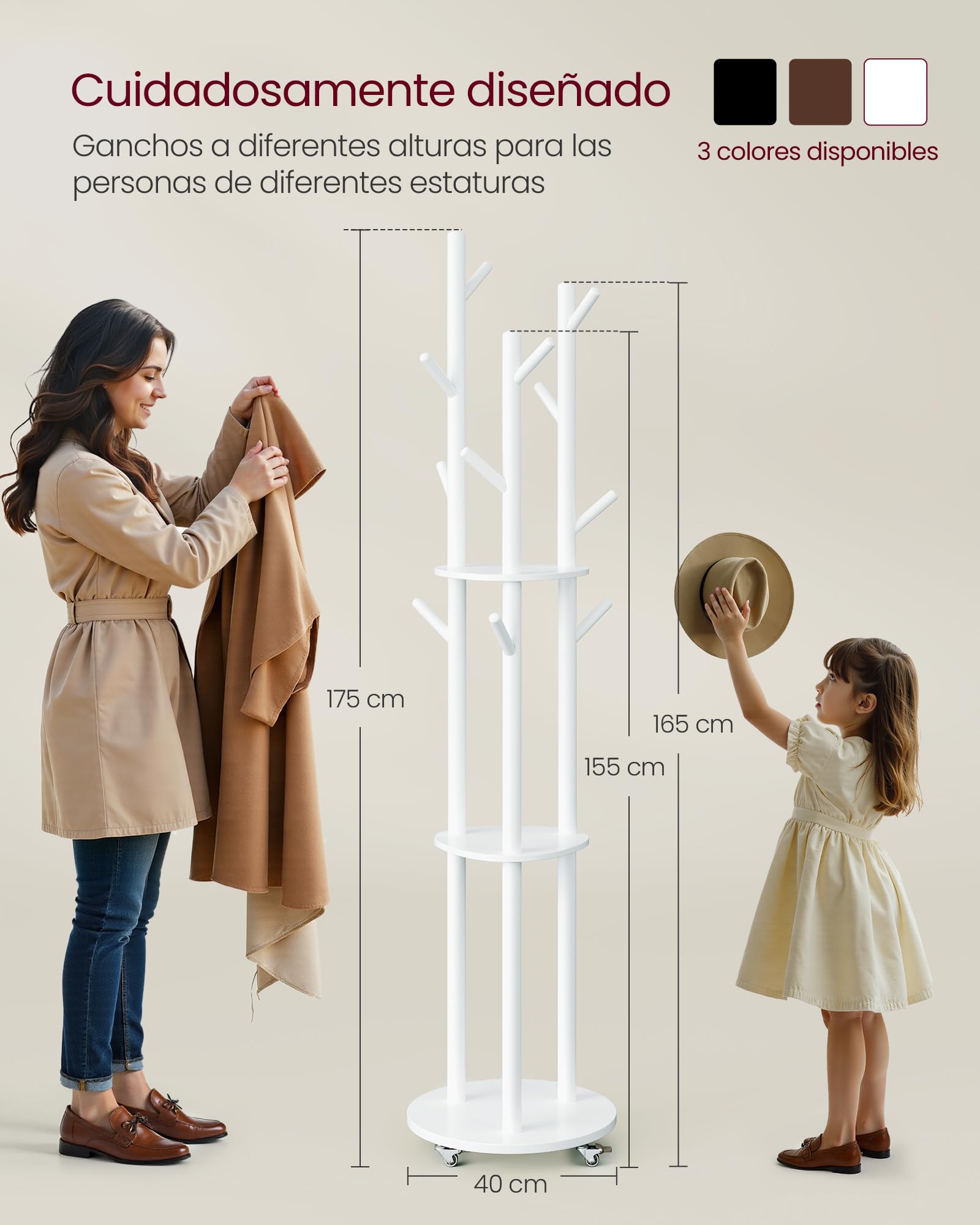 VASAGLE Perchero de Pie, Perchero con 11 Ganchos y 3 Estantes, 4 Ruedas Giratorias de 360° y Extraíbles, Ganchos y Postes de Madera, para Entrada Dormitorio Salón, Blanco Nube RCR023W01