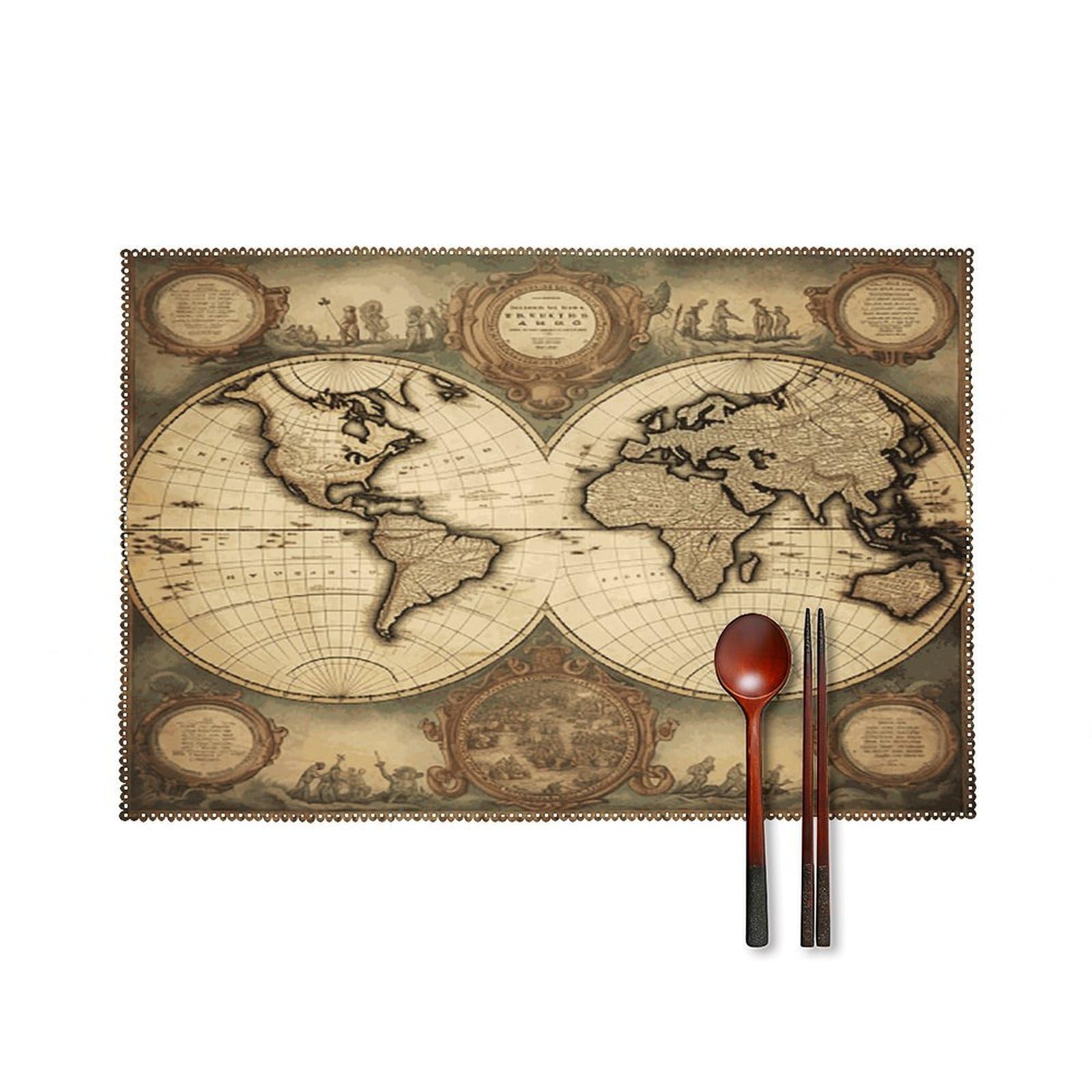 World Map Placemats Washable Canvas Place Mats Decoration Placemat for Dining Table Easy to Clean Tables Mat Set of 6 for Kitchen Dining Room Coffee Table