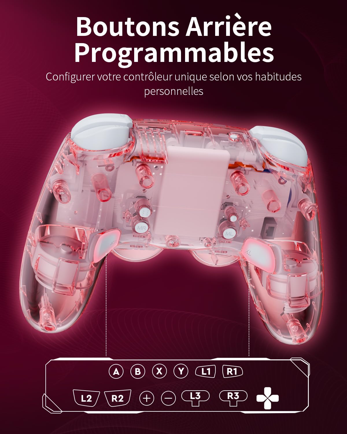 PALPOW Manette Switch à Effet Hall sans fil, Compatible avec Switch 2/OLED/Lite, Gamepad Bluetooth avec 7 Couleurs LED/Macro/Capteur de Mouvement/Turbo - Rose Transparent