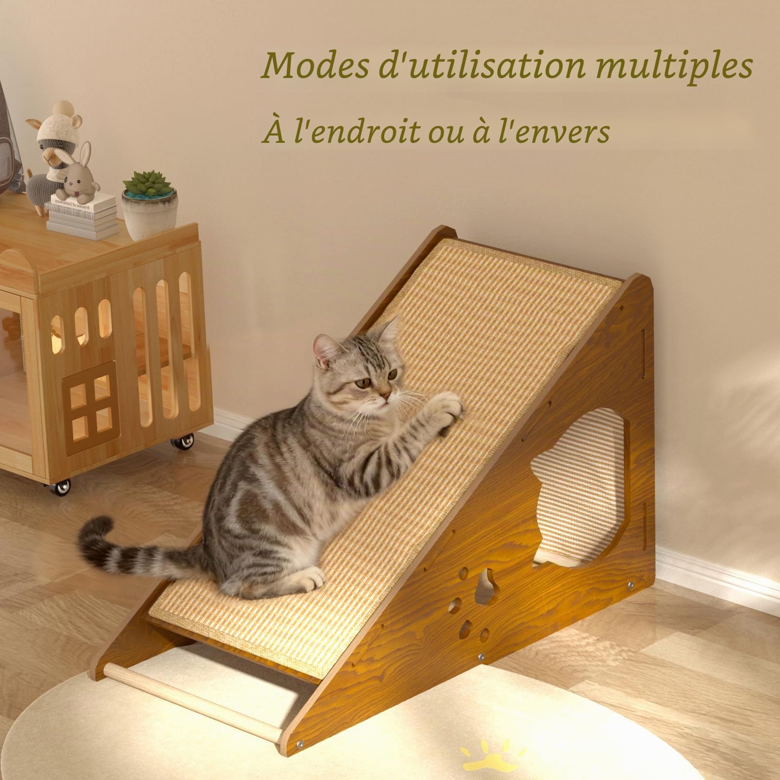 Griffoir en carton pour chat de 60 cm de haut, avec balle de jeu. Cet arbre à chat en corde de jute et carton ondulé est facile à assembler.