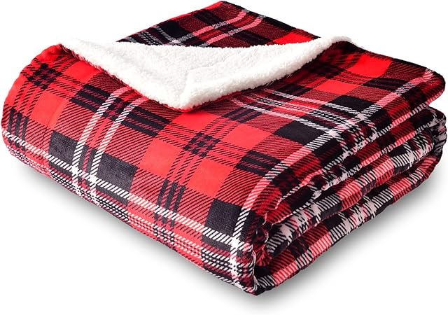 SOCHOW Sherpa Plaid Fleece Throw Blanket, Double-Sided Super Soft Luxurious Plush Blanket 150cm×200cm, Red/Grey