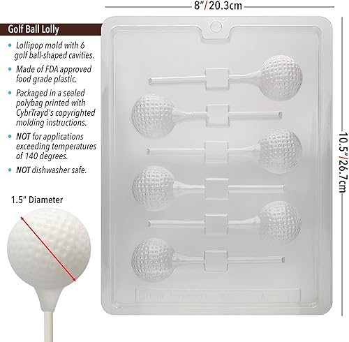 Miniatura 2 de CybrTrayd - Molde de caramelo de chocolate - Paletas de pelota de golf - 6 cavidades de 1-1/2 pulgadas x 1-7/8 pulgadas x 5/8 pulgadas - Para
