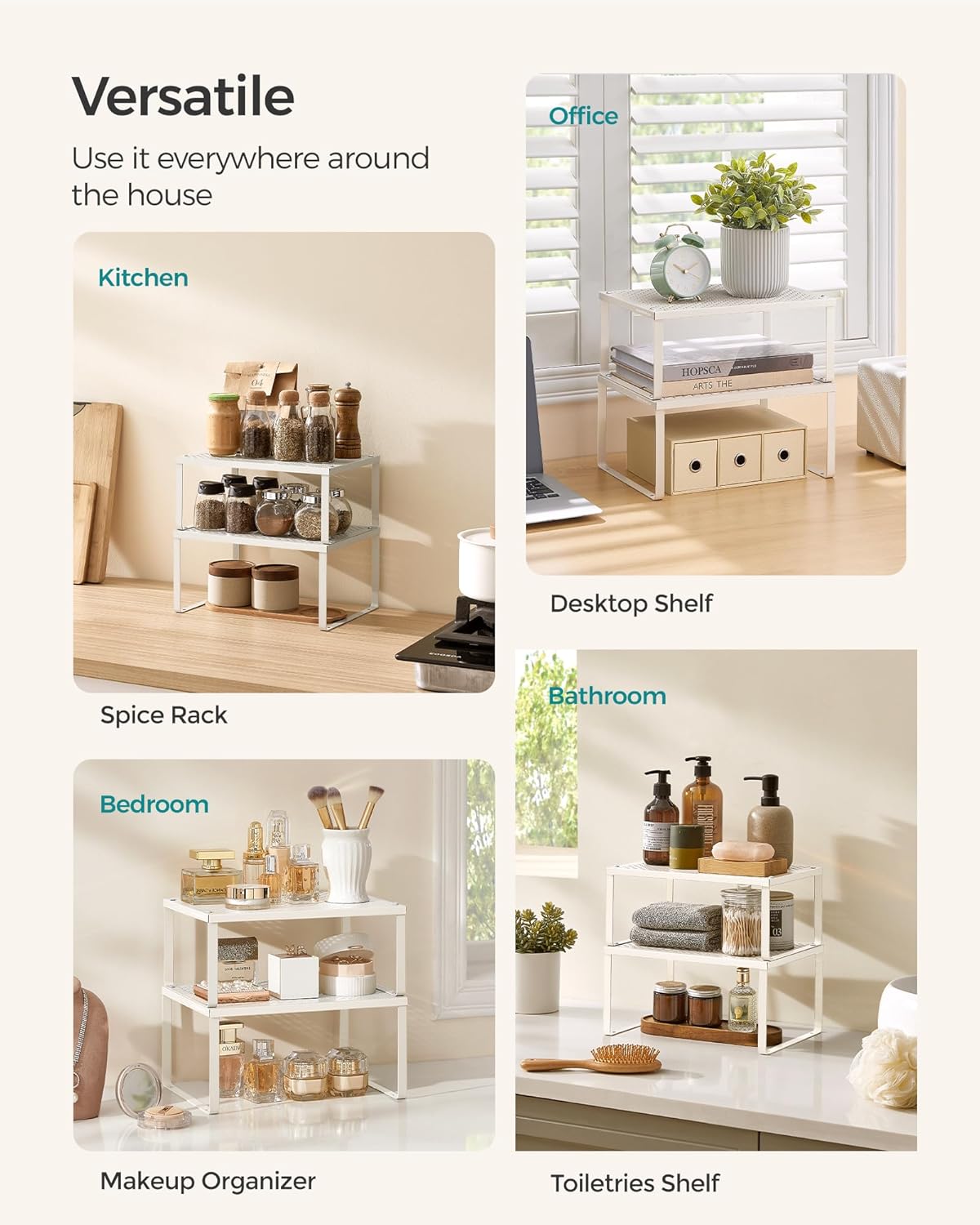 SONGMICS Spice Racks, Set of 4 Metal Cabinet Shelf Organizers, Countertop Organizers, Shelf Risers, Stackable, Expandable, Oatmeal Beige UKCS006K01 - Image 5