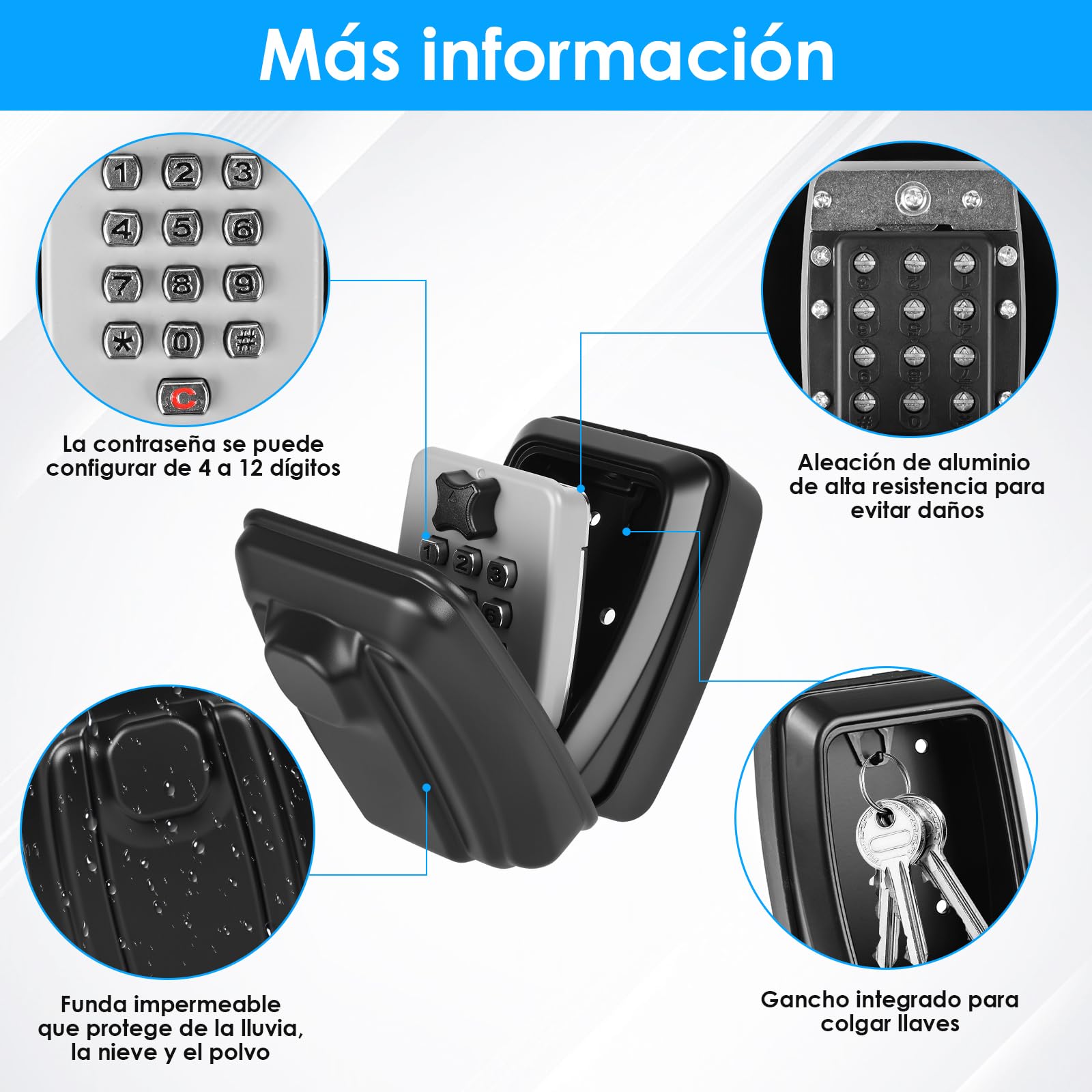 Cajetin para Llaves con Código 12 Dígitos, Caja Fuerte Exterior Grande para Pared, Ultra Resistente e Impermeable, Seguro para Llaves de Hogar, Oficina, Garaje o Escuela