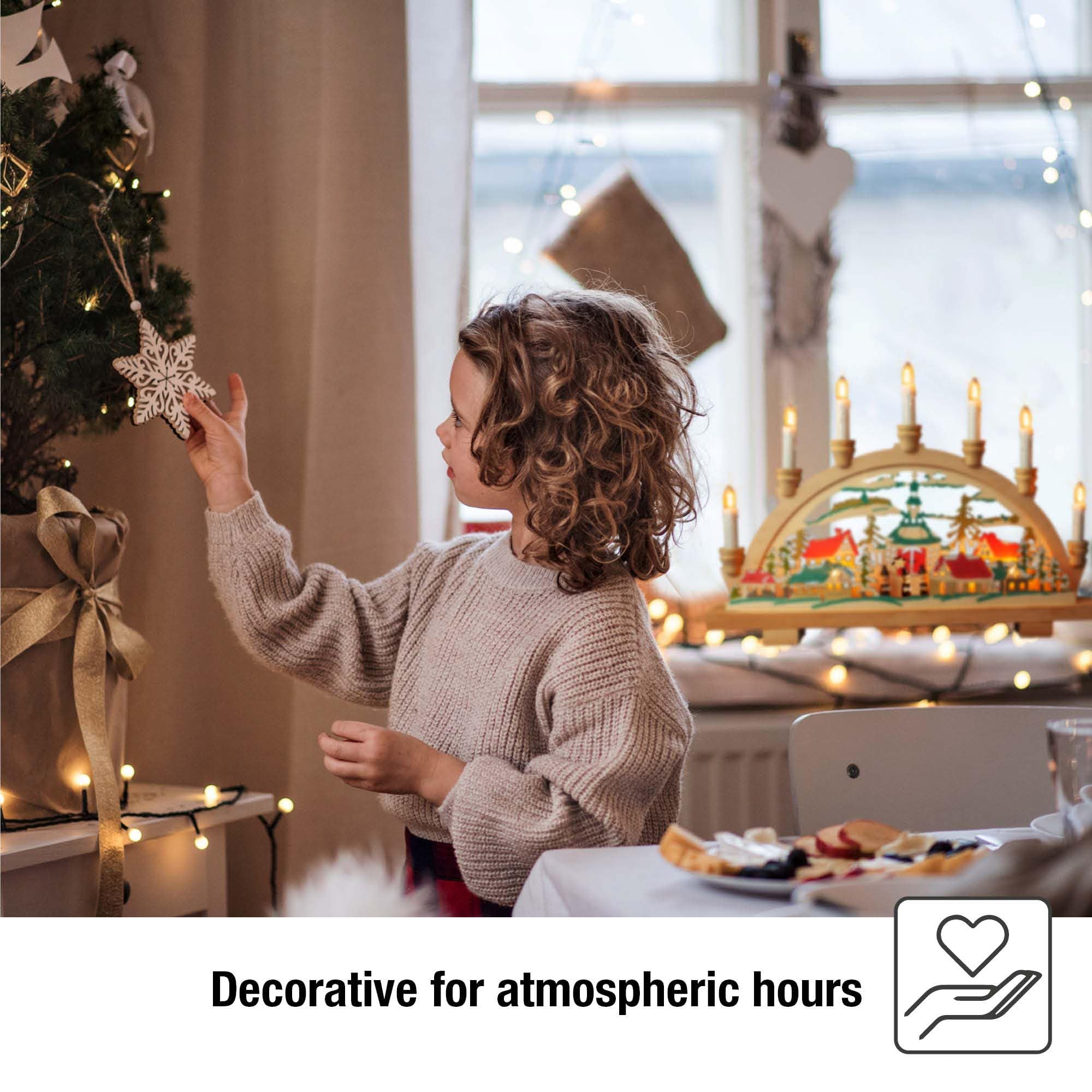 hellum 151817 Arche lumineuse, Décoration de Noël avec 10 bougies (+ 2 bougies de rechange) pour l'intérieur Motif chanteur d'étoiles en bois avec interrupteur et prise