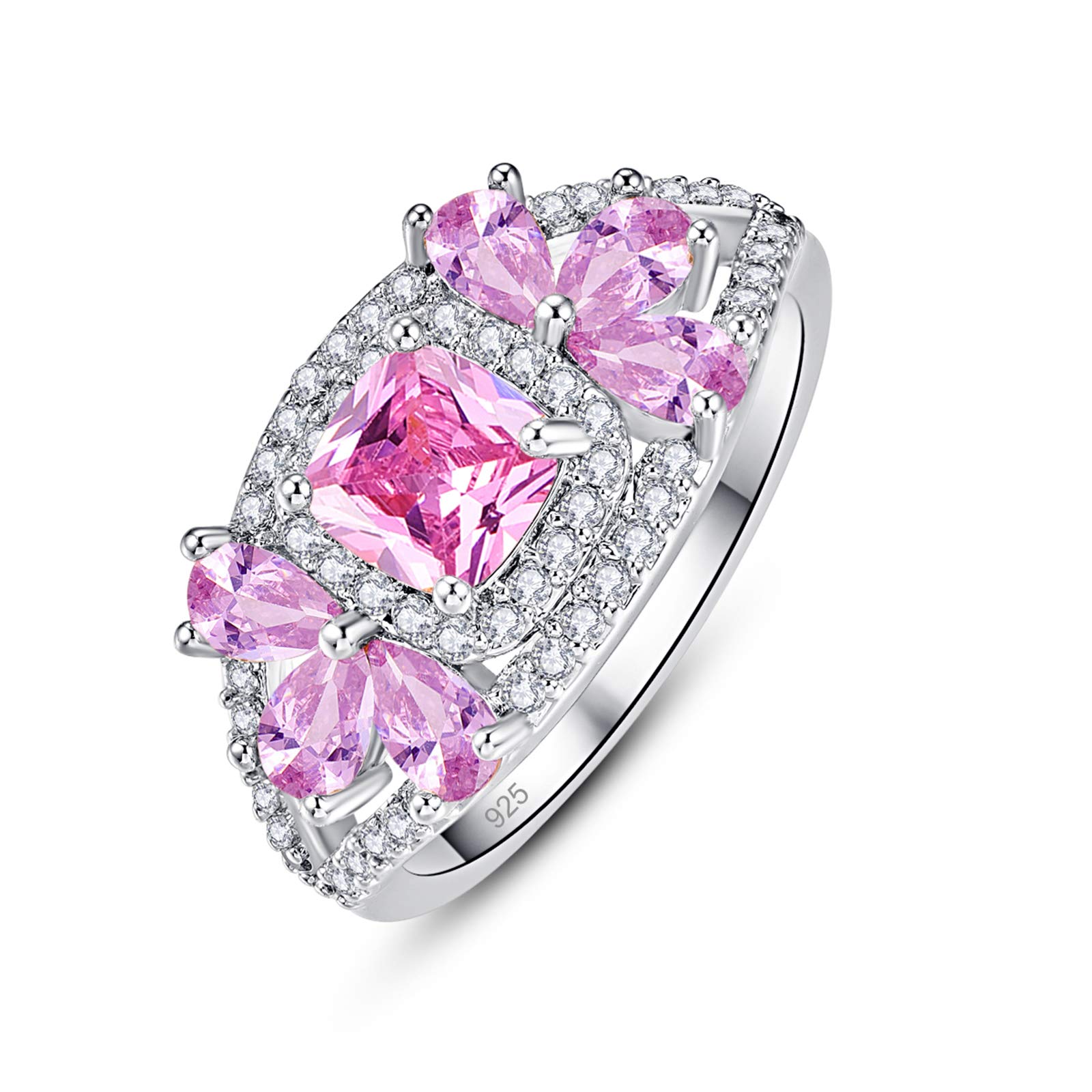 Lozeux Silver Plated Princess & Pear Cut Created Pink Topaz Cubic Zirconia Filled Engagement Wedding Proposal Promise Band Gorgeous Floral Flower Ring for Women Ladies Eternal Love Jewelry Size 6