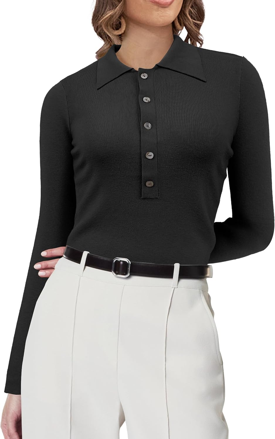 SuperPrity Long Sleeve Shirts for Women Spring Fashion V Neck Button Polo Sweaters Stretch Slim Fitted Knit Basic Tee Tops