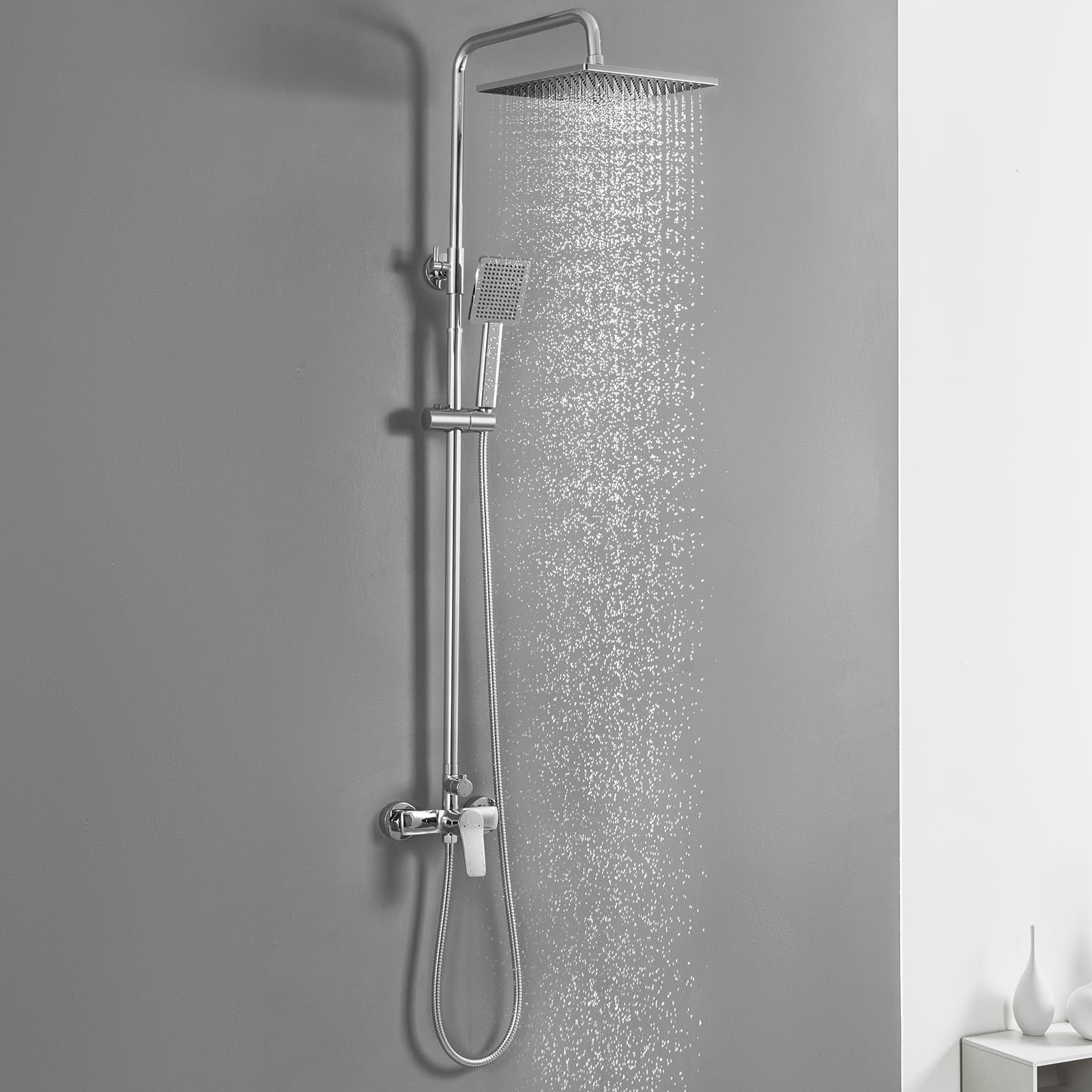 Derw Chrome Shower Mixer Set - 10" Square Rainfall Head & Handheld Shower, Solid Brass Mixer Valve, Ceramic Cartridge, 124Cm Shower Riser Rail, Fit For Uk Bathrooms (Chrome)