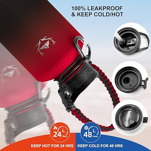 Miniatura 4 de NATURE PIONEOR Botellas de agua aisladas con mango de paracaídas, 24324064 onzas, botella de agua deportiva de boca ancha con 3 tapas, de acero