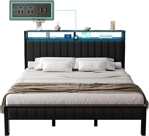 Miniatura 28 de Base de cama de tamaño matrimonial, plataforma LED con cabecera de piel sintética, estación de carga, espacio de almacenamiento de 2 niveles, no