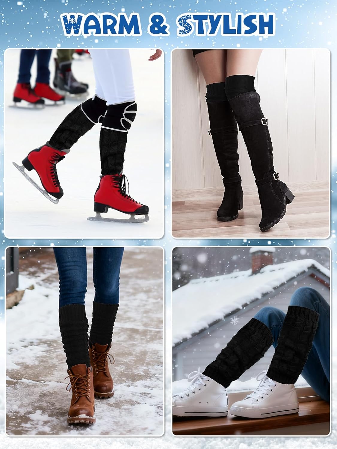 2 Pack Winter Fleece Lined Leg Warmers and Twisted Headband Set, Knit Long Leg Warm Boot Sock for Women Skating - Image 6