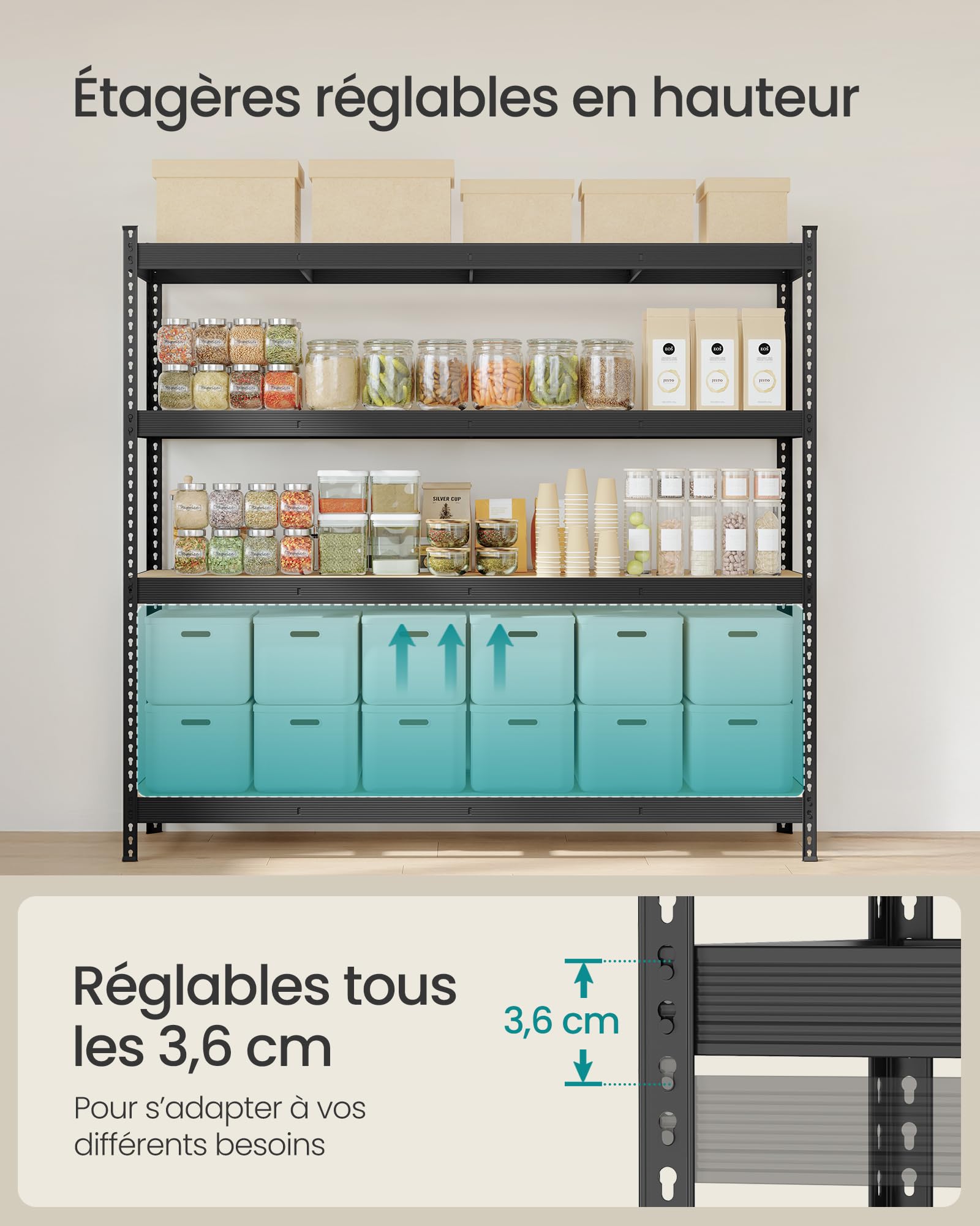 SONGMICS Étagère de Rangement Charge Lourde, Étagère de Garage, 4 Niveaux, Charge Jusqu’à 2000 kg, pour Cave, Garage, Entrepôt, Noir d'encre, 60 x 200 x 183 cm, GLR728BZ01