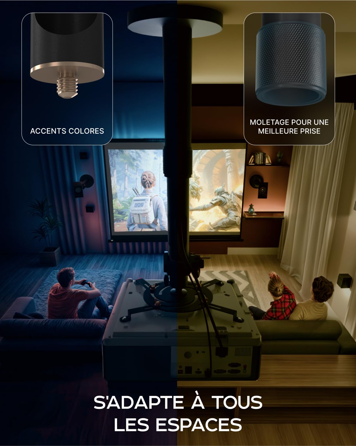 Support de projecteur Universel - Support de Plafond ou Mural réglable pour Mini-projecteurs de Bureau et domestiques - Mouvement Complet, Installation Facile, pivotant à 360°, Longueur 35-53 cm