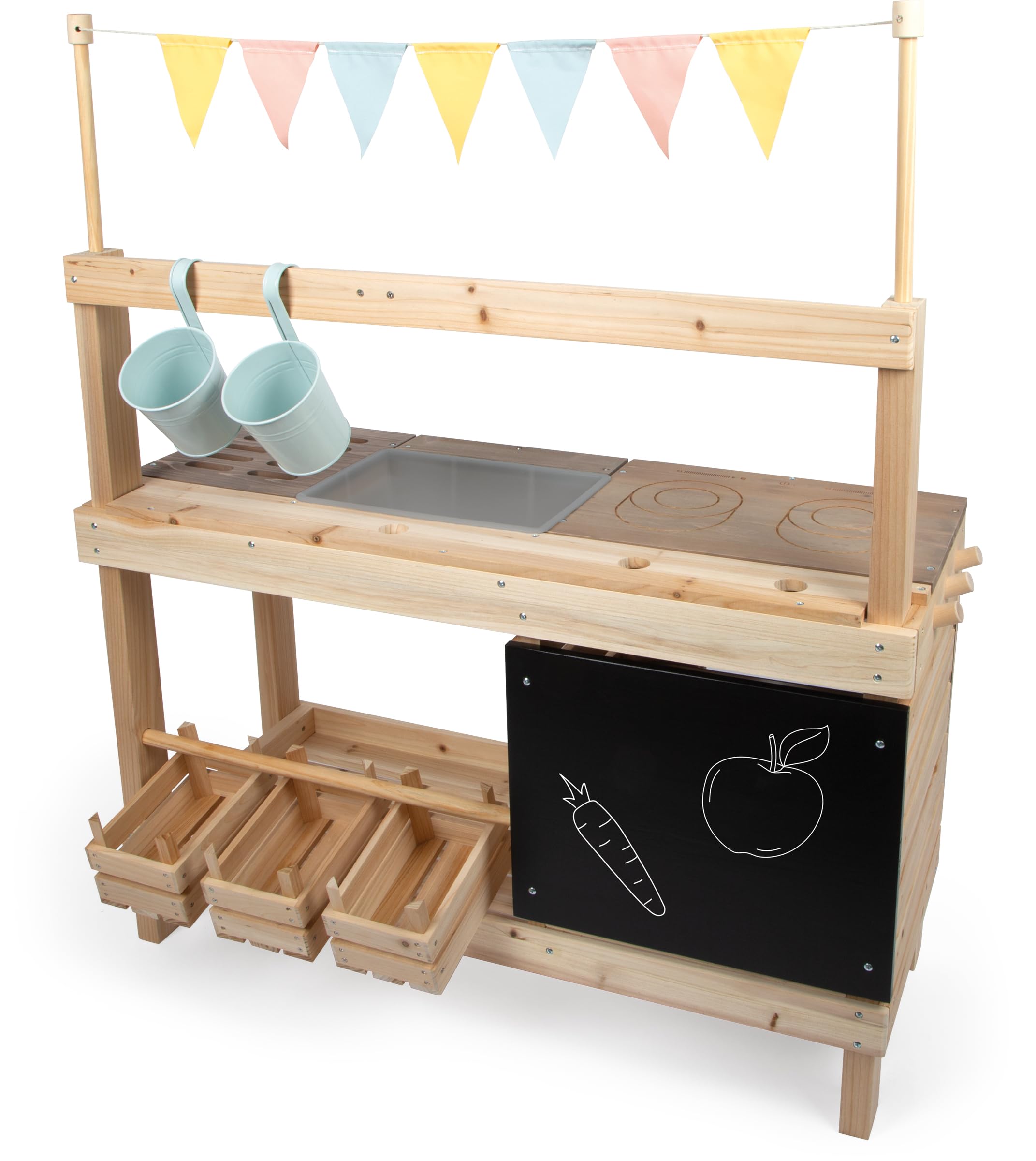 small foot Cucina da esterno e negozietto in legno, cucina/negozio Outdoor, utilizzabile su entrambi i lati, con rubinetto e numerosi accessori, 12790