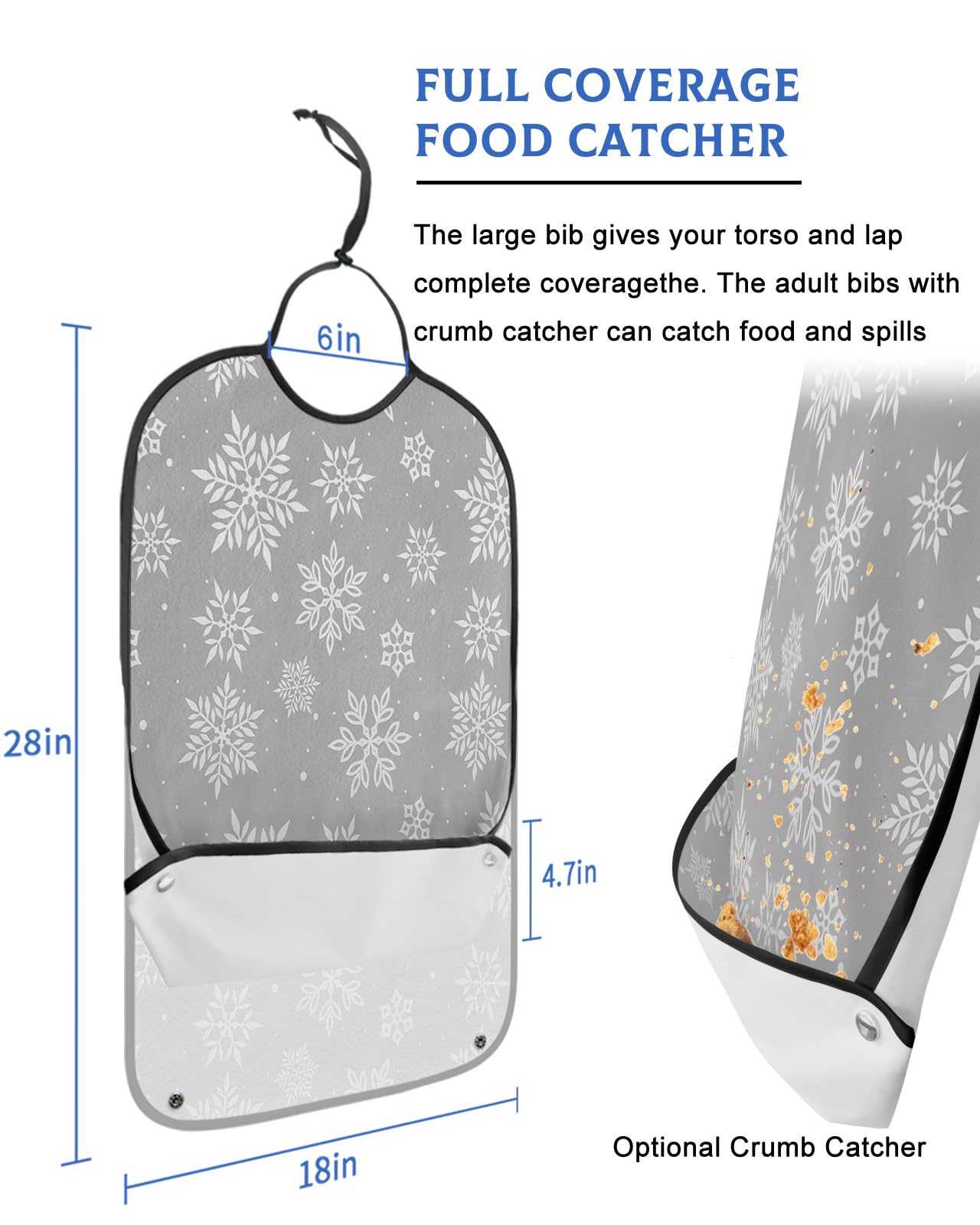 LEOKOTI Christmas Snowflake Adult Bibs for Eating, Waterproof Bibs with Food Catcher & Adjustable Snap Closure, Falling Snowflake Grey Washable Clothing Protectors Adult Bibs for Elderly Women/Men