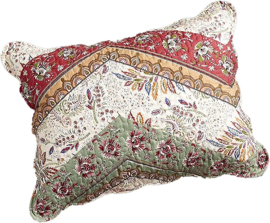 DaDa Bedding Rustic Cranberry Sage Floral Pillow Sham Cover - Scalloped Patchwork Bohemian Chevron Paisley - Floral Garden Botanical Filigree Red Green & Orange - King Size 20" x 36" - 1-Piece