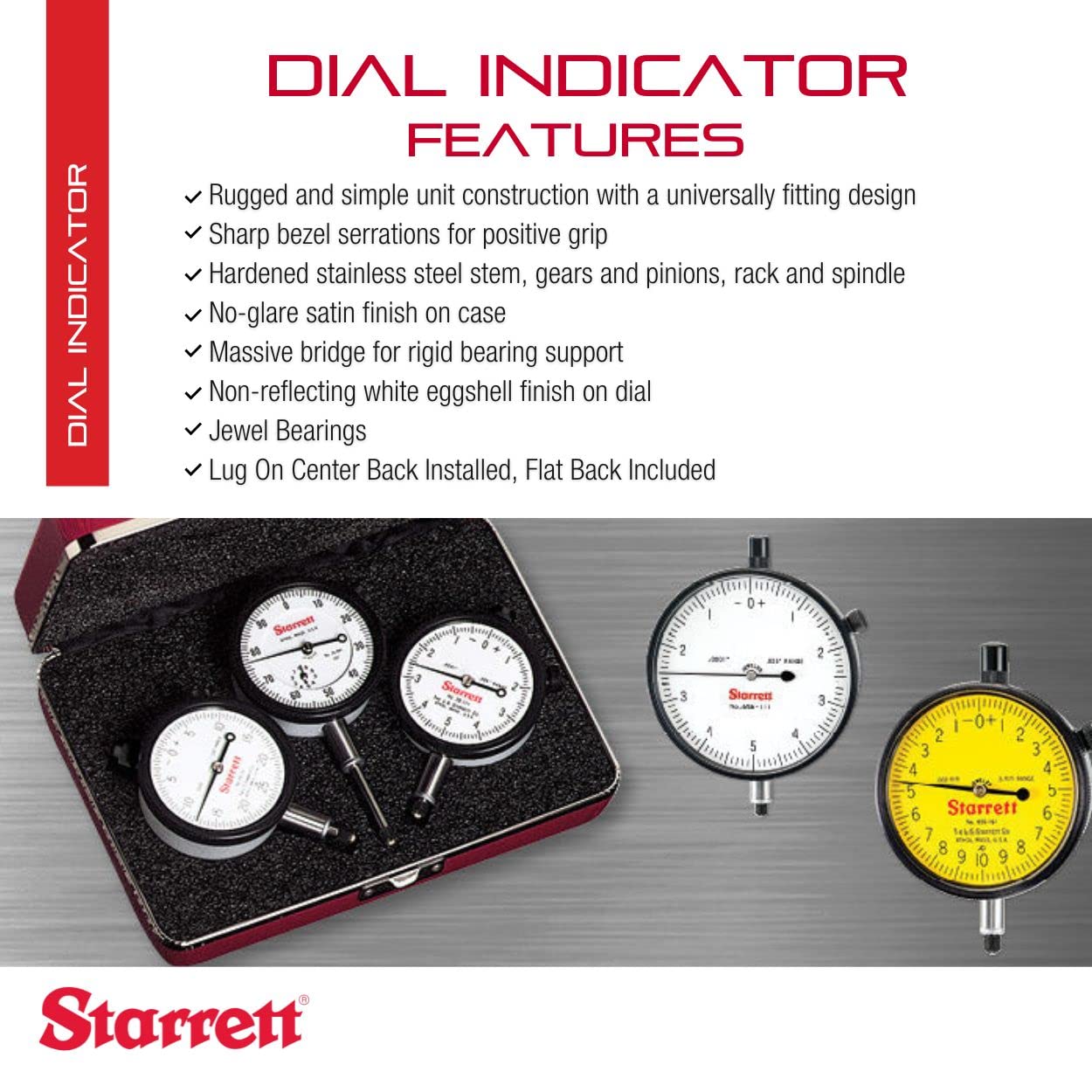 Starrett 655 Series Dial Indicator with Jewel Bearings and Lug-On-Center Back - White Face, 0-1.000" Range, 0-100 Dial Reading, .001" Graduation - 655-441J