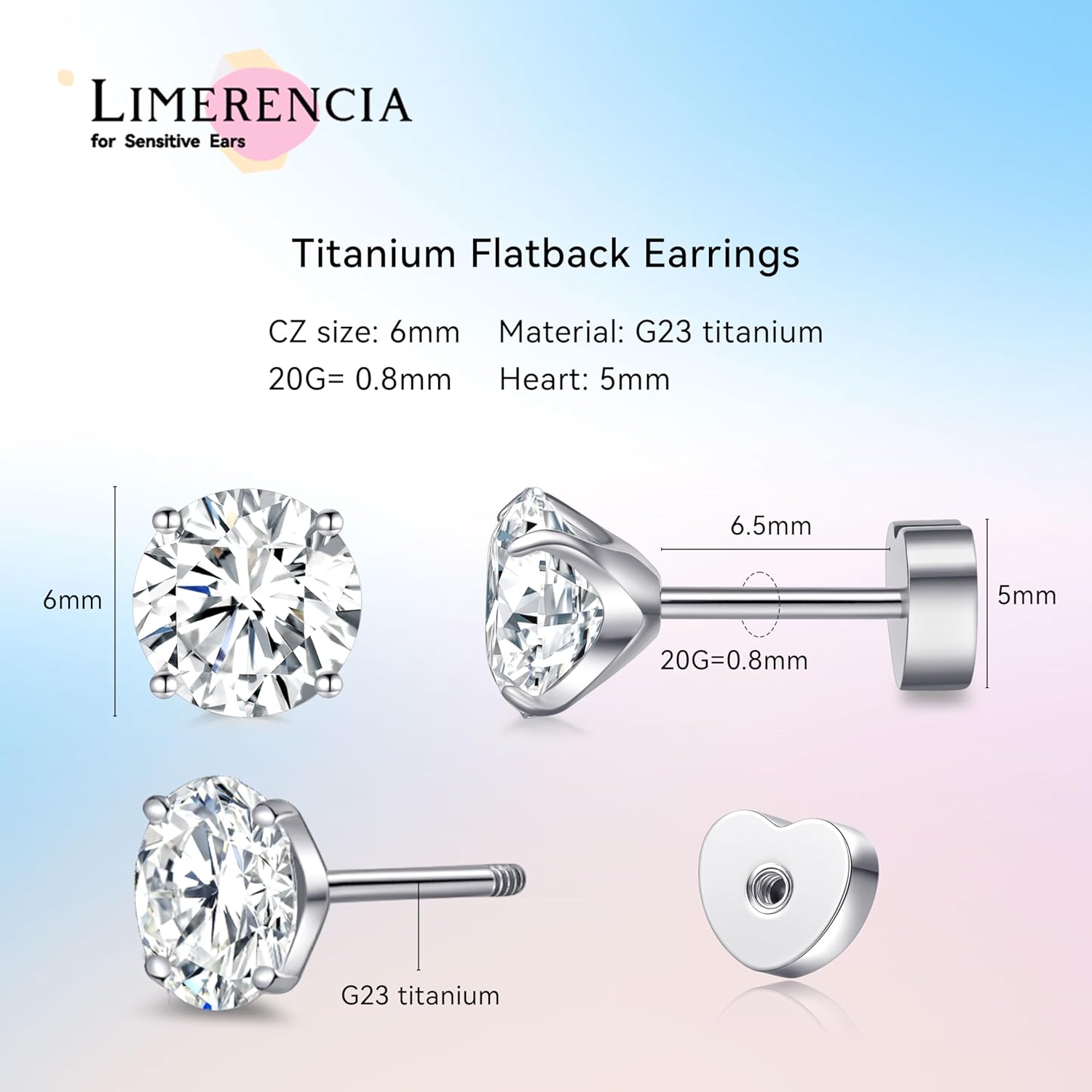 limerencia Hypoallergenic G23 Implant Grade Titanium Flat Back Earrings Double Sided Star/Heart Screw Back Stud Earrings with Cubic Zircinia for Women Men - Image 6