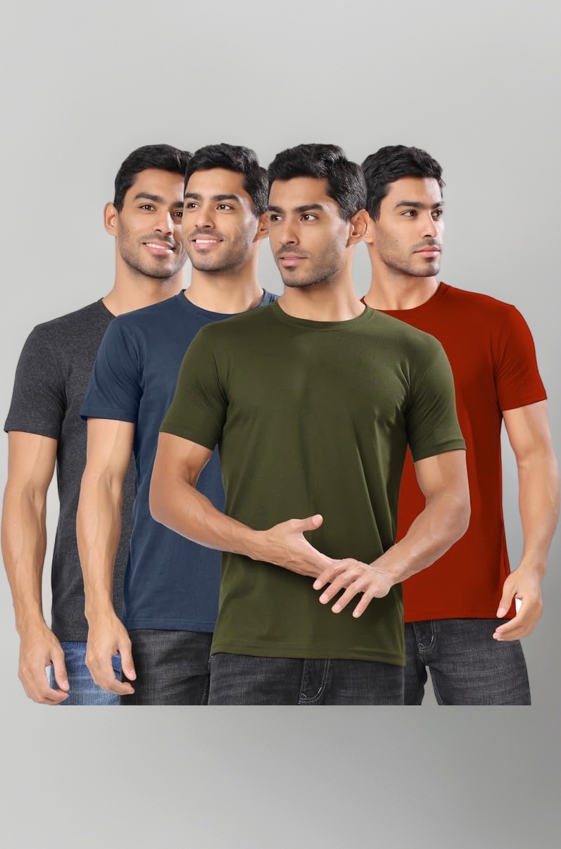 London Hills Solid Men Round Neck Half Sleeve Tshirt | Cotton Blend Multicolor T-Shirts - Pack of 4