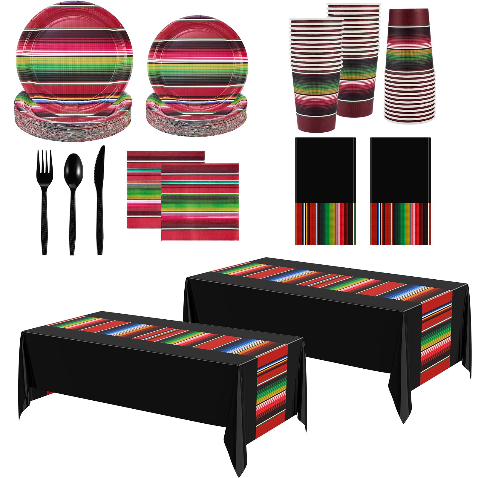 Oudain 162 Pcs Mexican Party Decorations 2 Mexican Serape Tablecloth Dia De Los Muertos Rectangular Mexio Party Plates Serape Napkins Fiesta Theme
