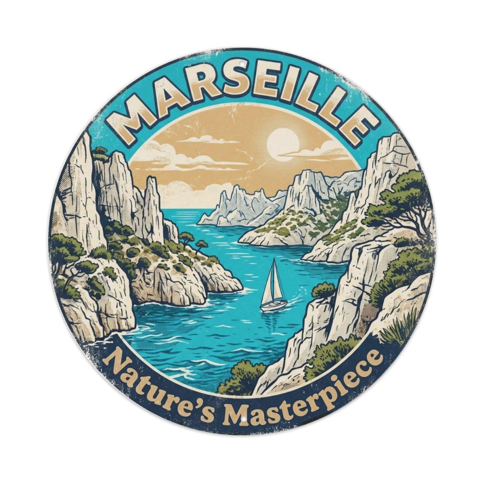 Vintage Travel Marseille France Calanques Metal Tin Sign Plaque Wall Decor for Cafe, Club Bar, Office, Home Garden Round Metal Poster 8x8Inch