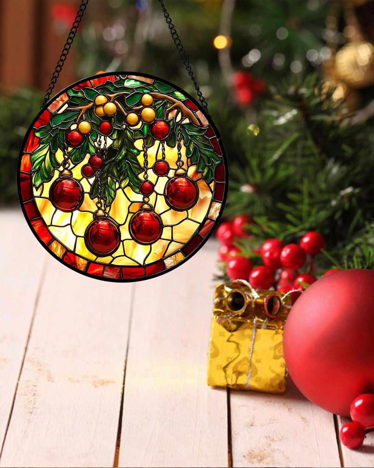 DASTOLL Stained Glass Window Hanging - Red Gold Bells Green Tree Suncatcher for Doors Home Christmas Decoration Winter Sun Catcher Thanksgiving New Year Birthday Gift for Women Men Mom Nana 15 in