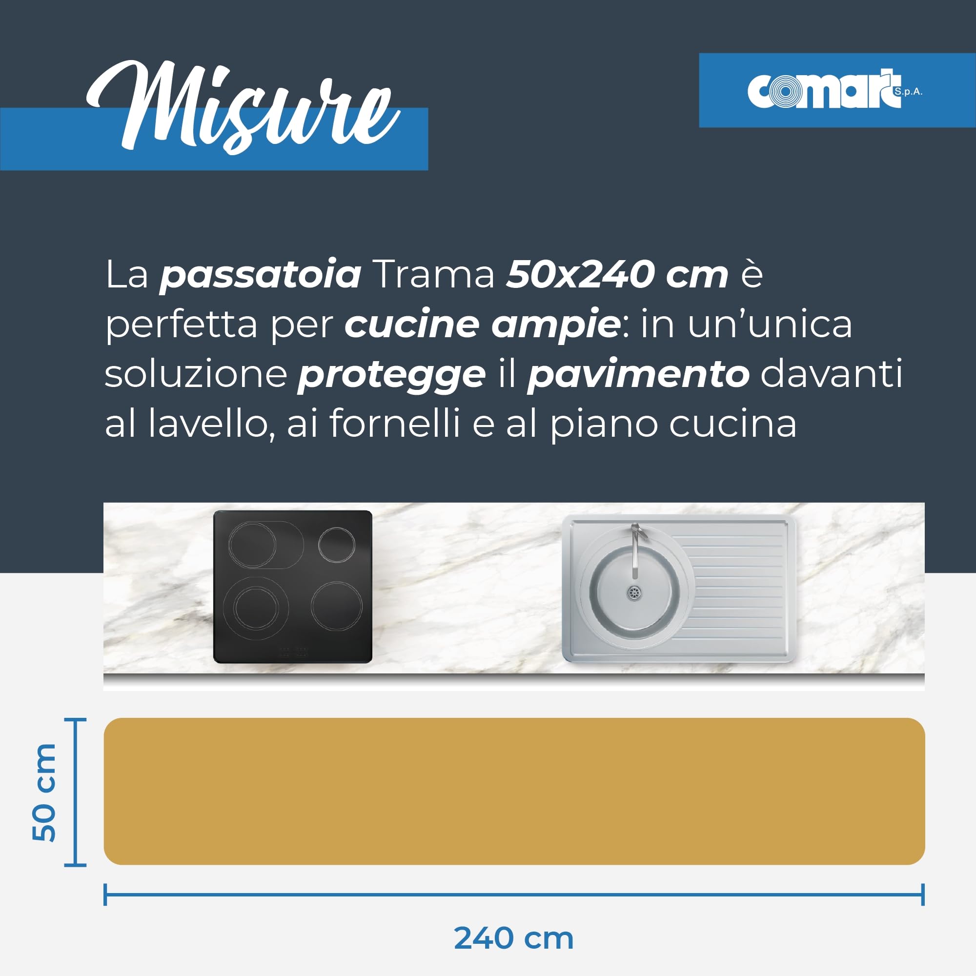 Comart - Tappeto Cucina Trama - 50x240 cm - Antiscivolo - Assorbente - Facile da Pulire - Passatoia in Poliestere Intrecciato - Resistente - Moderno - Runner per Corridoio e Entrata - Beige