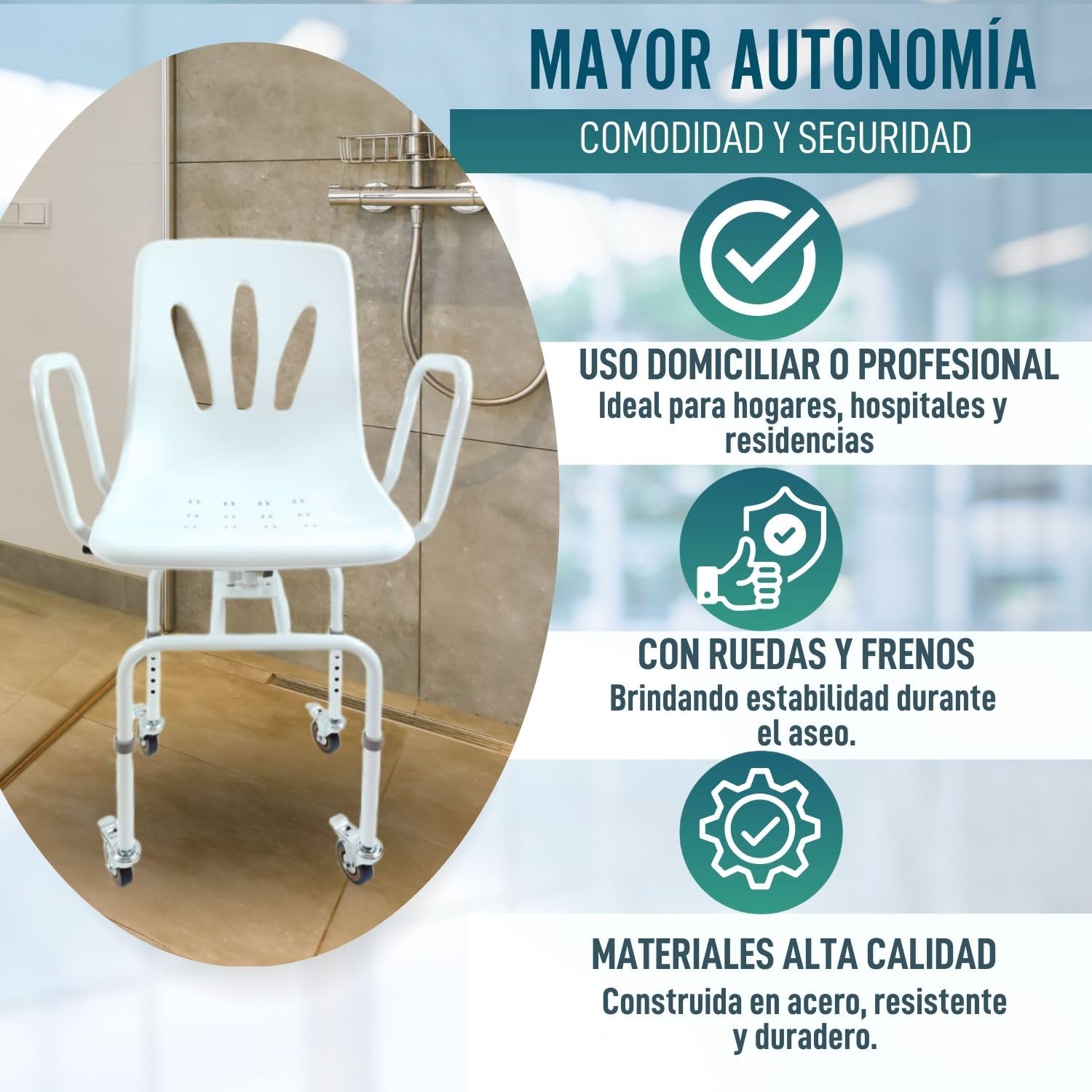 OrtoPrime Silla Ducha Personas Mayores Asiento Giratorio 360º Silla Ducha Mayores Silla Baño Ancianos Ducha - Silla Ducha con Ruedas y Frenos - Silla Ortopédica Silla de Ducha para Personas Mayores