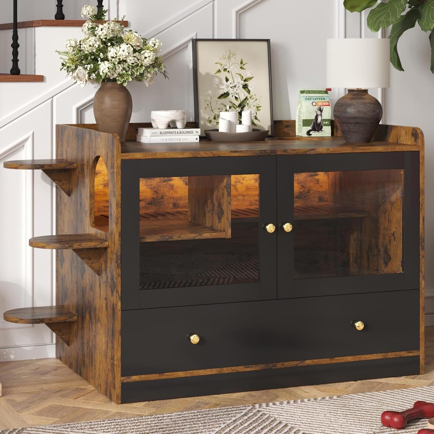 43” Cat Litter Box Furniture with LED, Hidden Litter Box Furniture with Storage & Side Table, Enclosed Wood Cat House, Farmhouse, Suitable for Living Room Bedroom, Easy Assembly (Black)