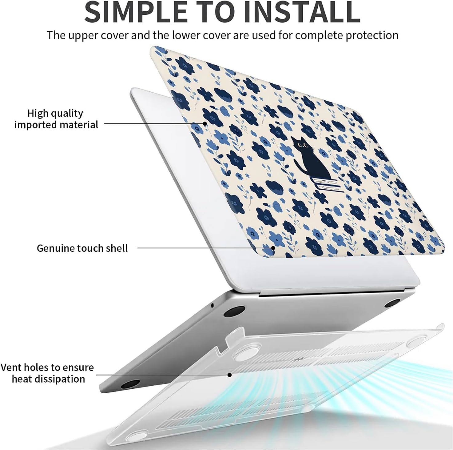 for MacBook Pro 14 Inch Release 2021/2023 Model A2442 A2779 Clear Computer Case,Novelty Premium Pattern Hardshell Laptop Case Blue Flowerbone Cat Book image 2
