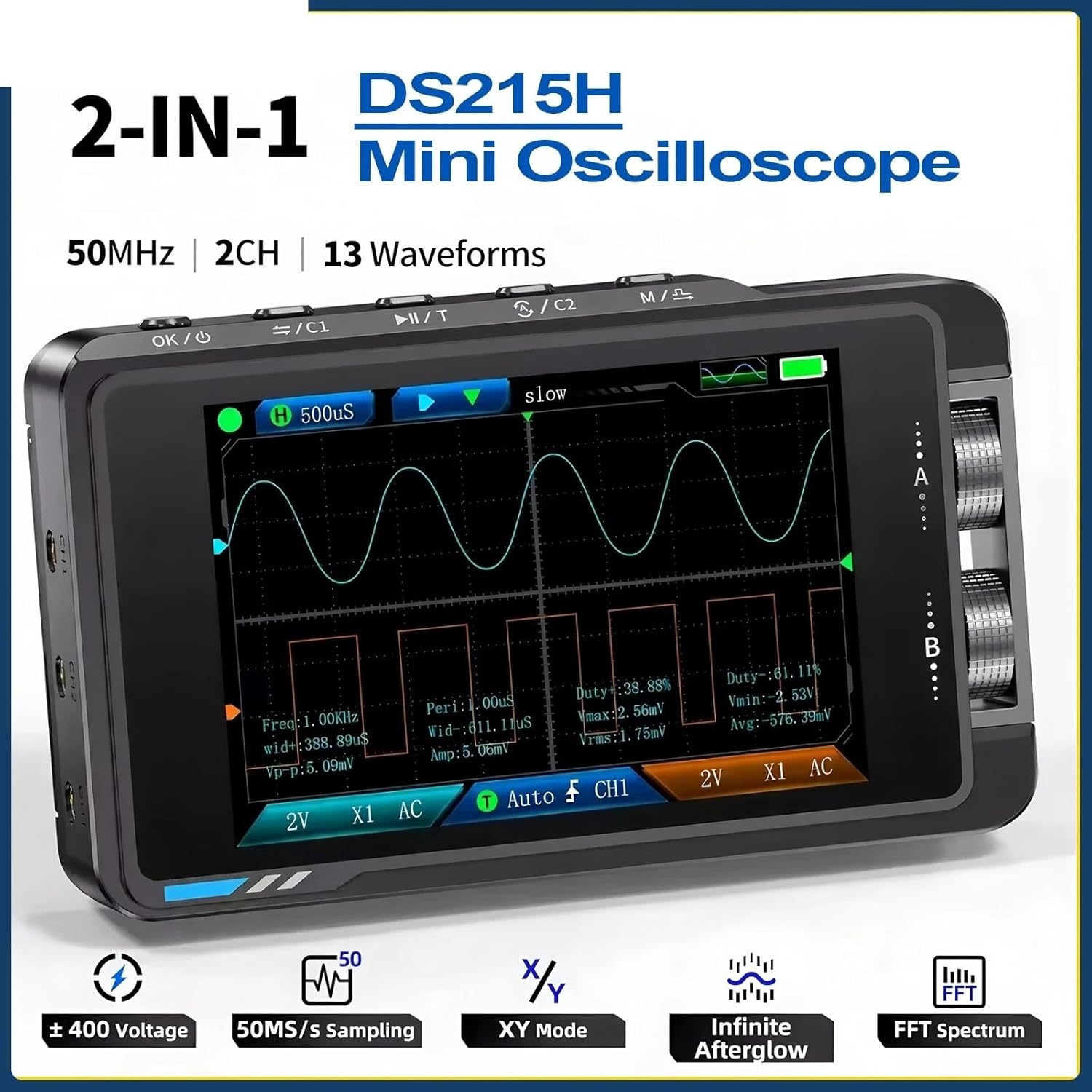 DS215H Handheld Mini Digital Oscilloscope 50M 250MS/S Dual CH 2-in-1 HD Screen Signal Generator 400V High Voltage Protect(DS215H P6100x1,US)