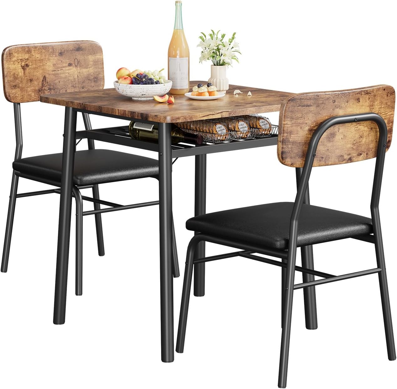 GAOMON Dining Table Set for 2, Wood Kitchen Table with 2 Upholstered Chairs and Built-in Storage Rack, Metal Legs, for Small Spaces, Dining Room, Living Room, Brown