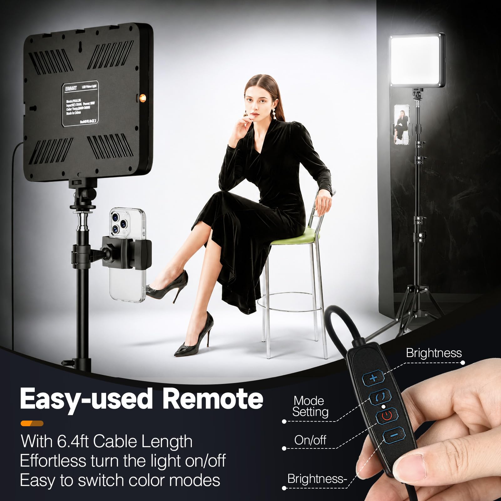 EMART - Juego de 2 luces de video LED, luz de estudio con soporte para teléfono y puerta de granero, iluminación de fotografía regulable de 2800-7000 K para grabación de video, trípode de 60 pulgadas