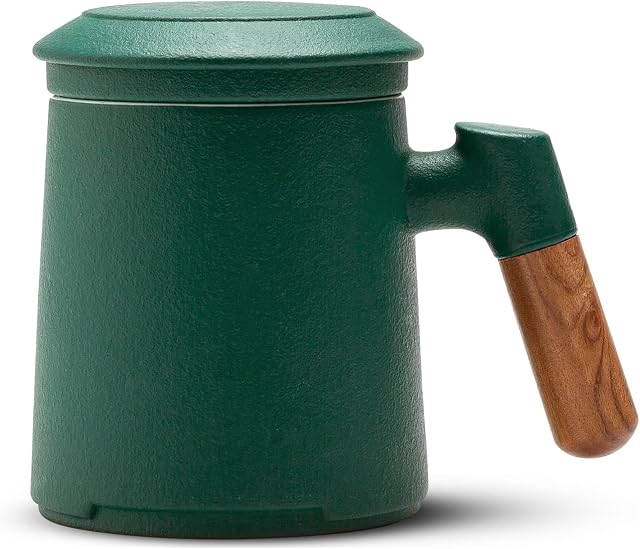 ZENS Tea Mug with Infuser, Rosewood Handle Ceramic Loose Tea Cup, 400ML Matte Dark Green Tea Steeping Mug Gift