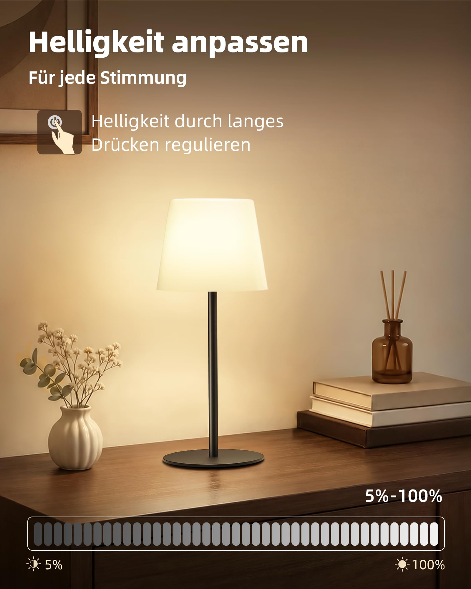 EZVALO Lampe de Chevet Sans Fil Tactile, Lampe de Table LED Rechargeable USB-C, Batterie 4500 mAh, Luminosité Réglable, 3 Couleurs, Lampe Portable pour Chambre, Salon, Extérieur (Noir, 1 Pièce)