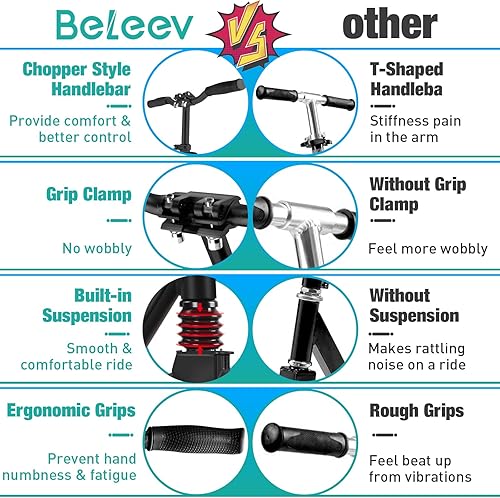 Miniatura 7 de BELEEV V5 Scooters para niños de 6 años en adelante, scooter plegable de 2 ruedas para adultos y adolescentes, 4 manillares ajustables, ruedas