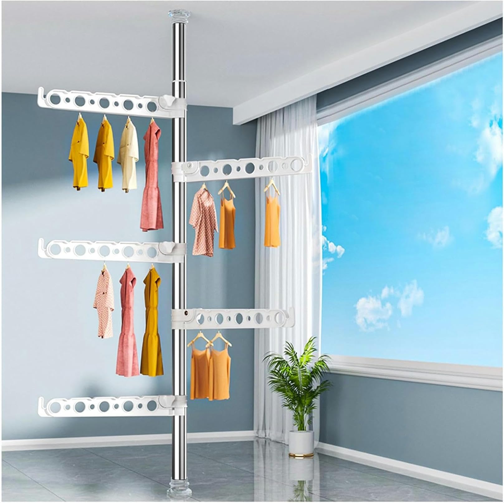 Rangement vertical d'angle du sol au plafond pour une chambre épurée et moderne