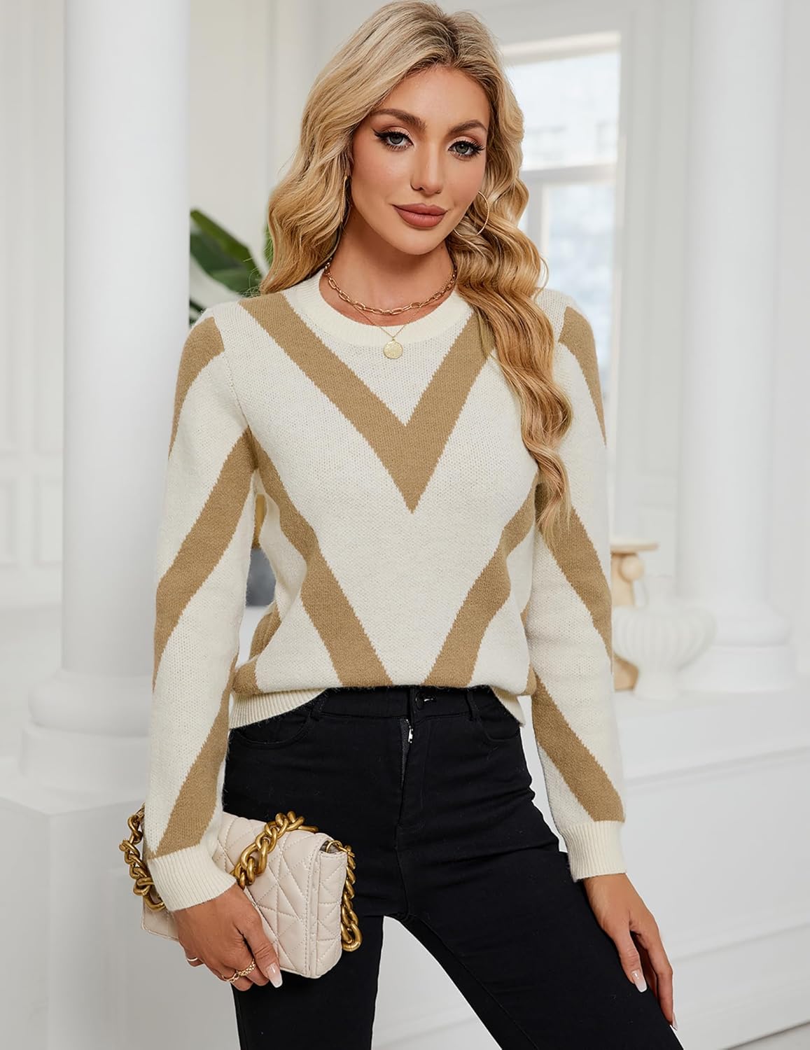 Womens Dressy Casual Color Block Striped Sweater Fall 2025 Trendy Outfits Lightweight Ribbed Knit Pullover Top - Image 2