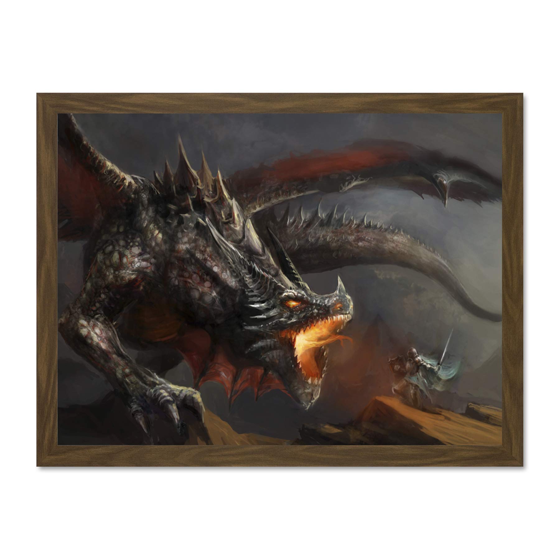 Wee Blue Coo Painting Drawing Fantasy Monster Battle Dragon Large Framed Art Print Poster Wall Decor 18x24 inch