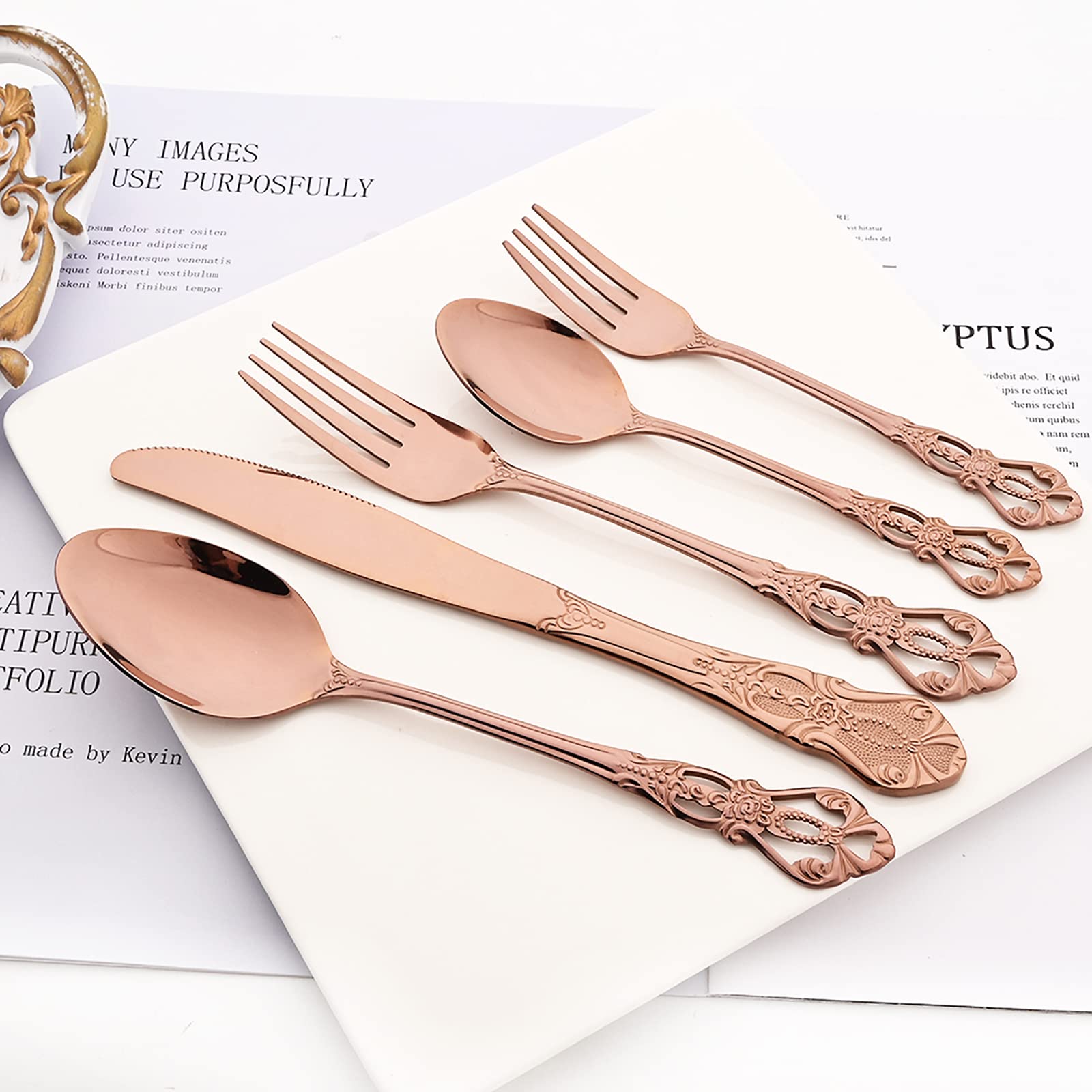 Royal - Vajilla de 24 piezas con espejo de oro rosa, de acero inoxidable 18/10 para 6 vajillas, ideal para bodas, restaurantes, lavaplatos