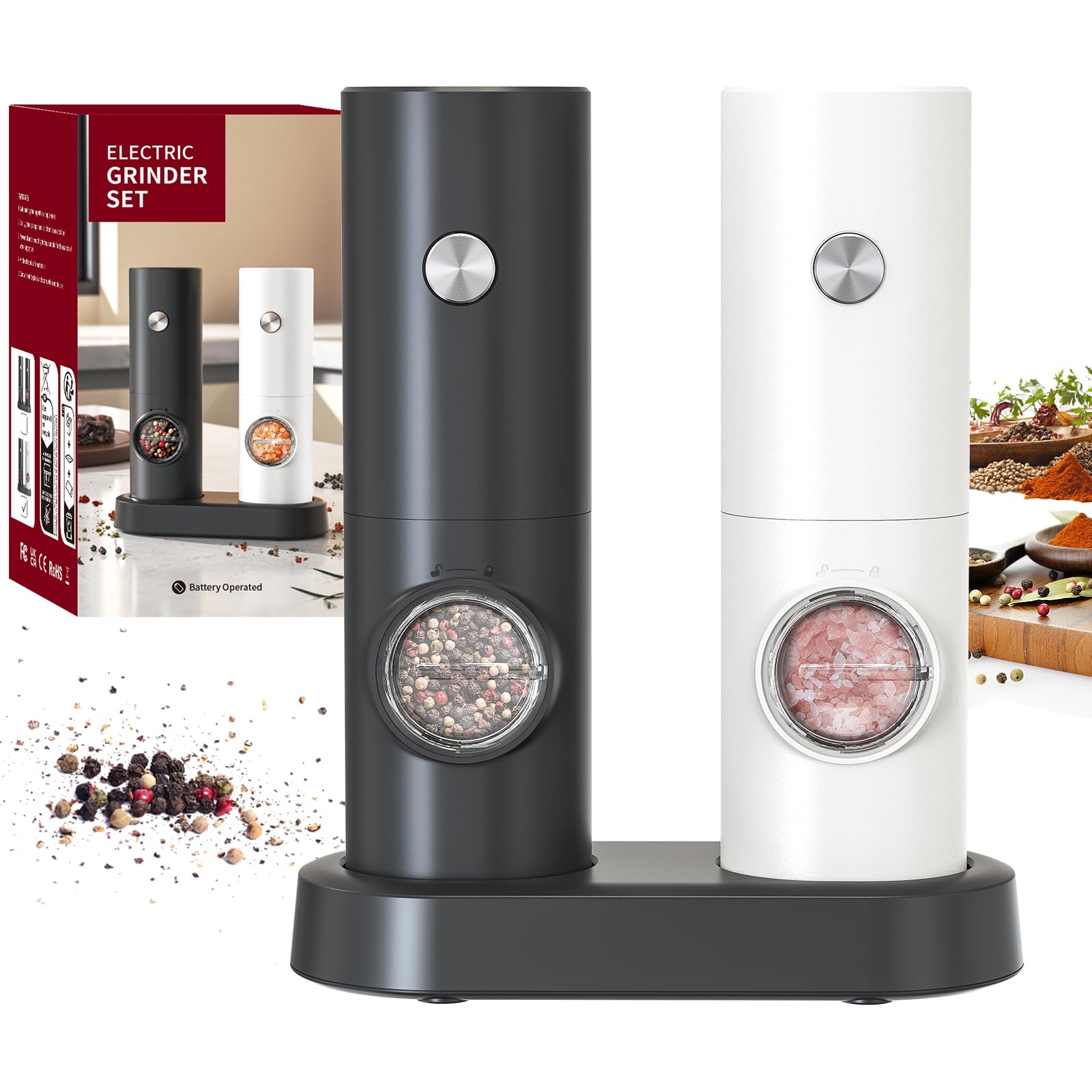 CIRCLE JOY Set Macina Sale e Pepe Elettrico a Batteria Macinaspezie con Base, Luce LED Bianca e Rugosità Regolabile, Bianco Nero