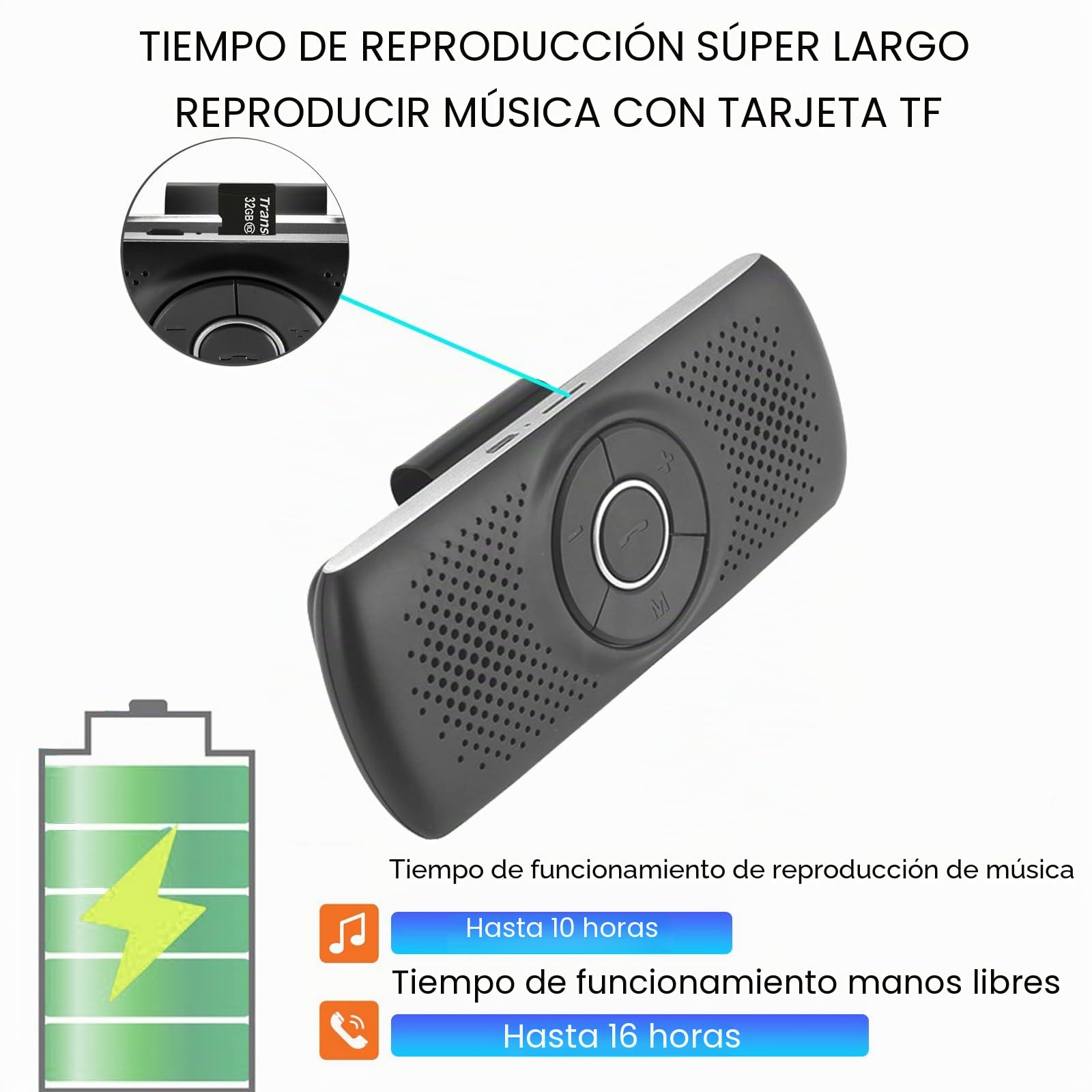 Manos Libres Coche Bluetooth 5.0 con Clip, Ranura para Tarjeta TF, Micrófono Integrado, Compatible con Siri y Google Assistant, para Música, GPS y Llamadas