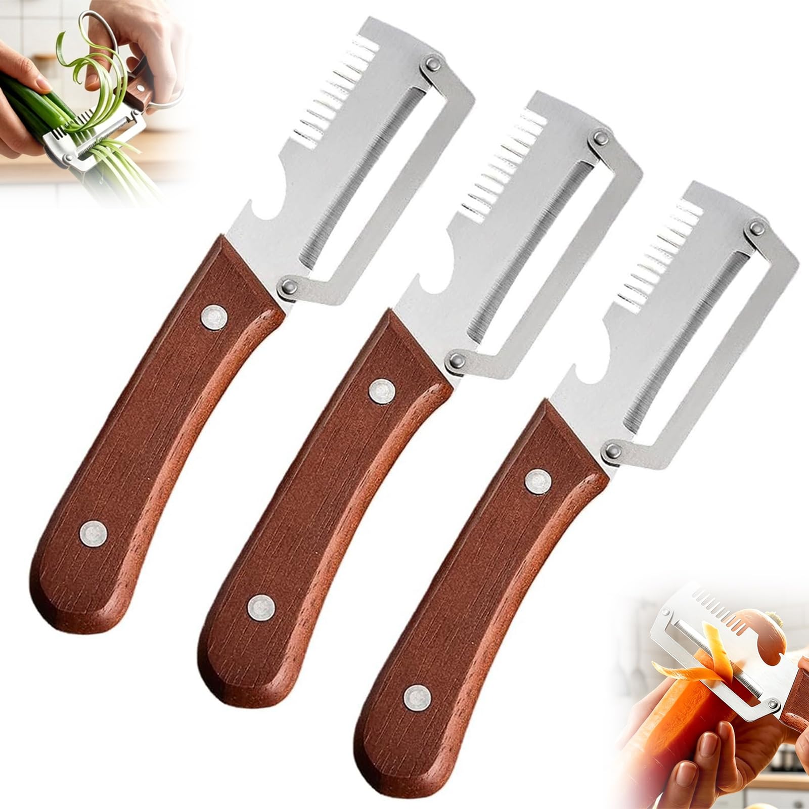 Multi‑Functional Vegetable Peeler for Kitchen, 3 in 1 Stainless Steel with Wooden Handle, Hand Held Potato Fruit Peeler for Caravan Camping 3 pc