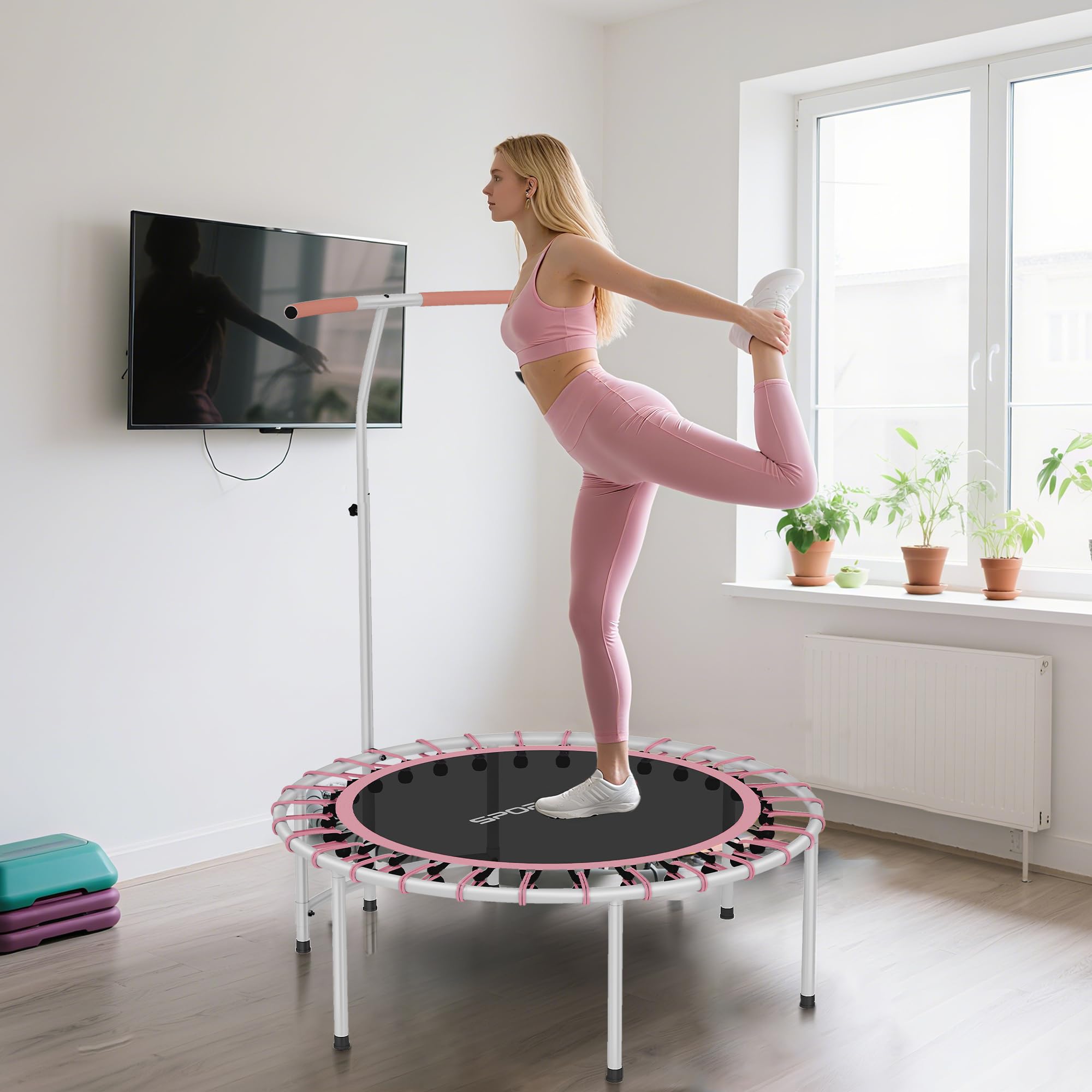 SPORTNOW Trampolín de Fitness Adultos Ø102 cm, Mini Cama Elástica Fitness con Mango Ajustable de 5 Niveles, Marco de Acero, para Entrenamiento Piernas, Cuerpo en Hogar, Oficina, Gimnasio, Rosa
