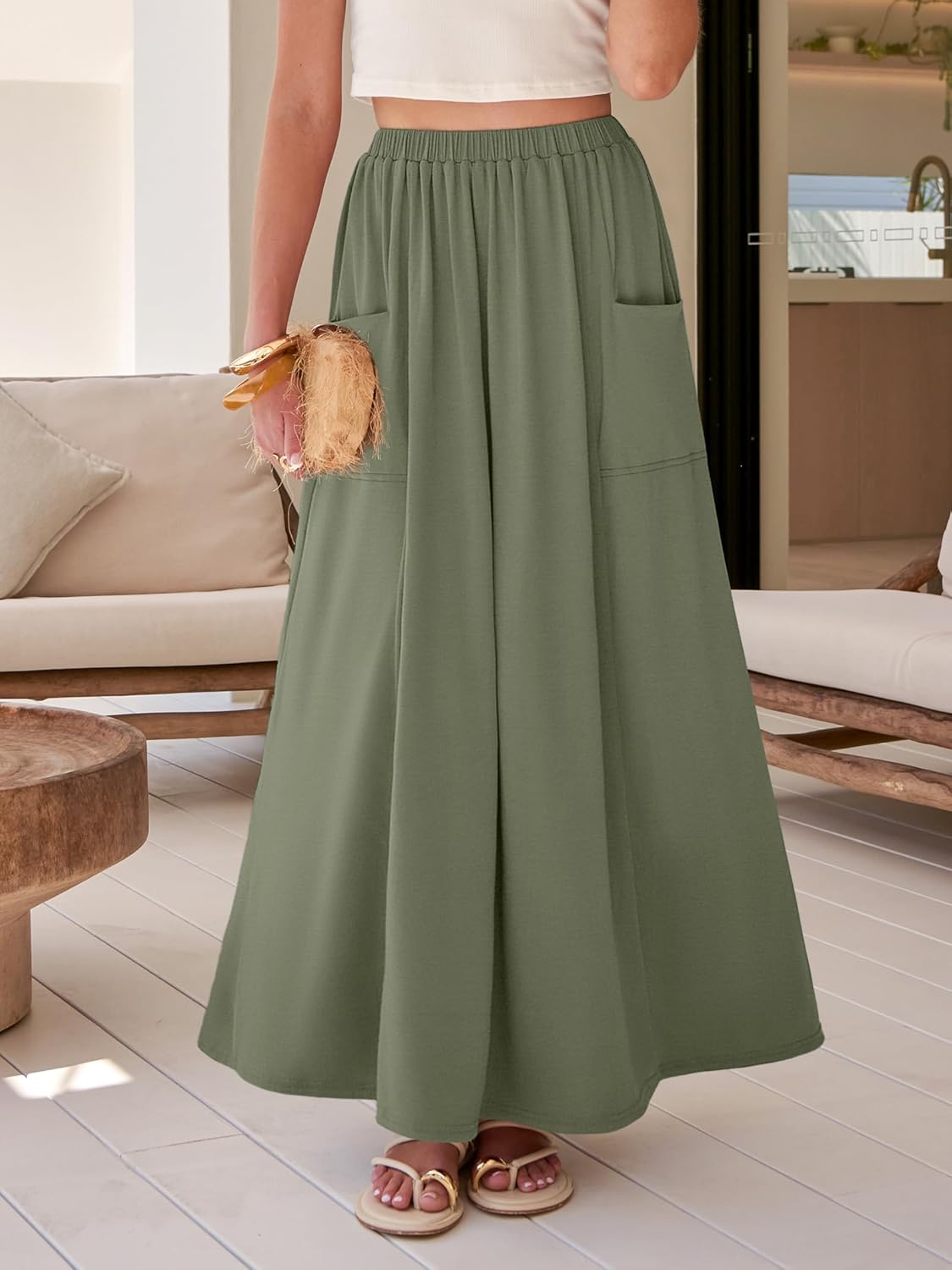 ANRABESS Womens Maxi Skirt Summer Casual Flowy A-line Elastic Waist Beach Long Skirts with Pockets Spring Vacation Clothes - Image 2