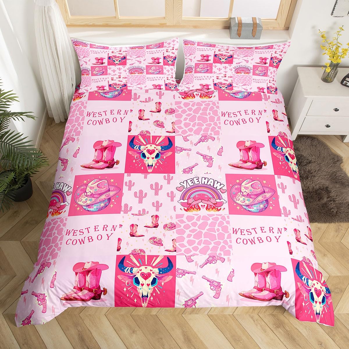 Loussiesd Pink Western Decor Bedding Set King Size Longhorn Skull Comforter Cover Set Wild West Cowboy Bull Skull Cowboy Boots Duvet Cover Plaid Bedspread Cover 3Pcs Bedclothes(No Comforter) โ image 1